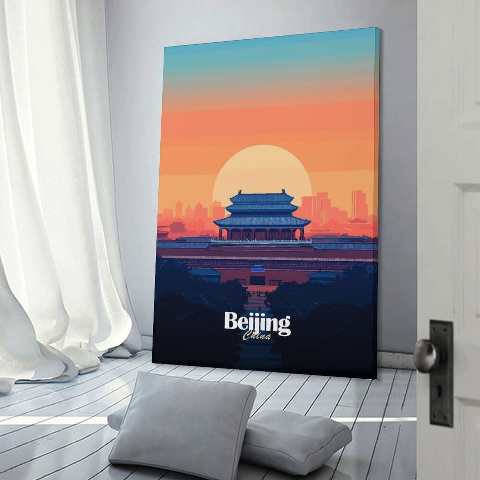 Junmoney Frame-Style-20 Decorative Wall Artwork Beijing Skyline Sunset, 20X30inch(50X75cm), For New Homes, Bedrooms Or Workspaces, Canvas Artwork With Gifting Potential