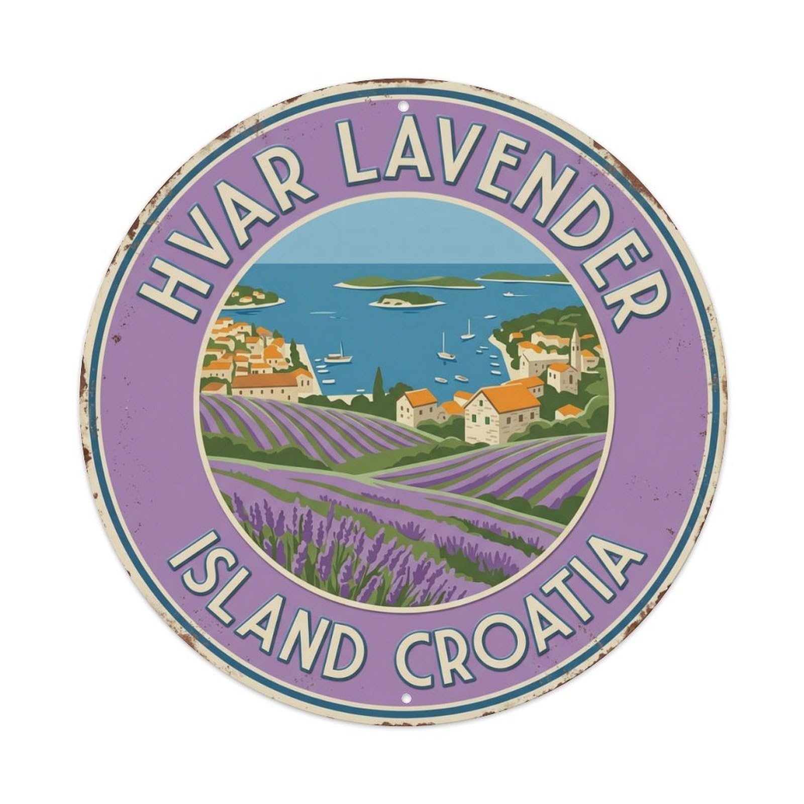 Hvar Lavender Island Croatia Field Metal Tin Sign Plaque Wall Decor for Cafe, Club Bar, Office, Home Garden Round Metal Poster 8x8Inch