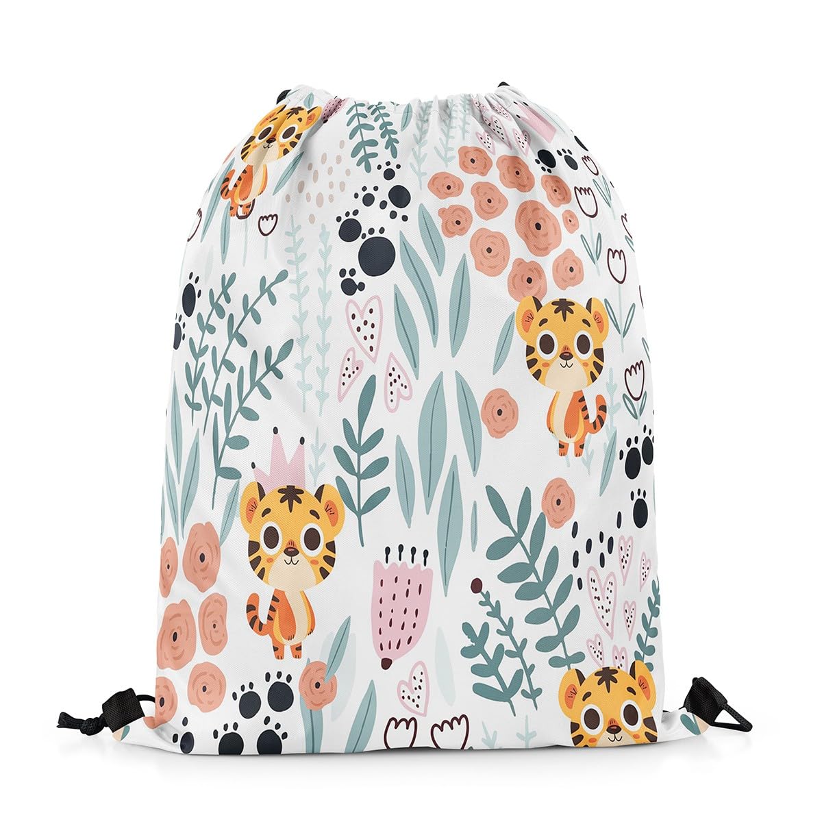 Homewish Kawaii Tiger Drawstring Backpack,Cute Jungle Wildlife Drawstring Bags,Cartoon Safair Animal Floral Draw String Back Bag,Black Paw Print String Backpack Pink Love Heart Cinch Bag,33 x 40 cm