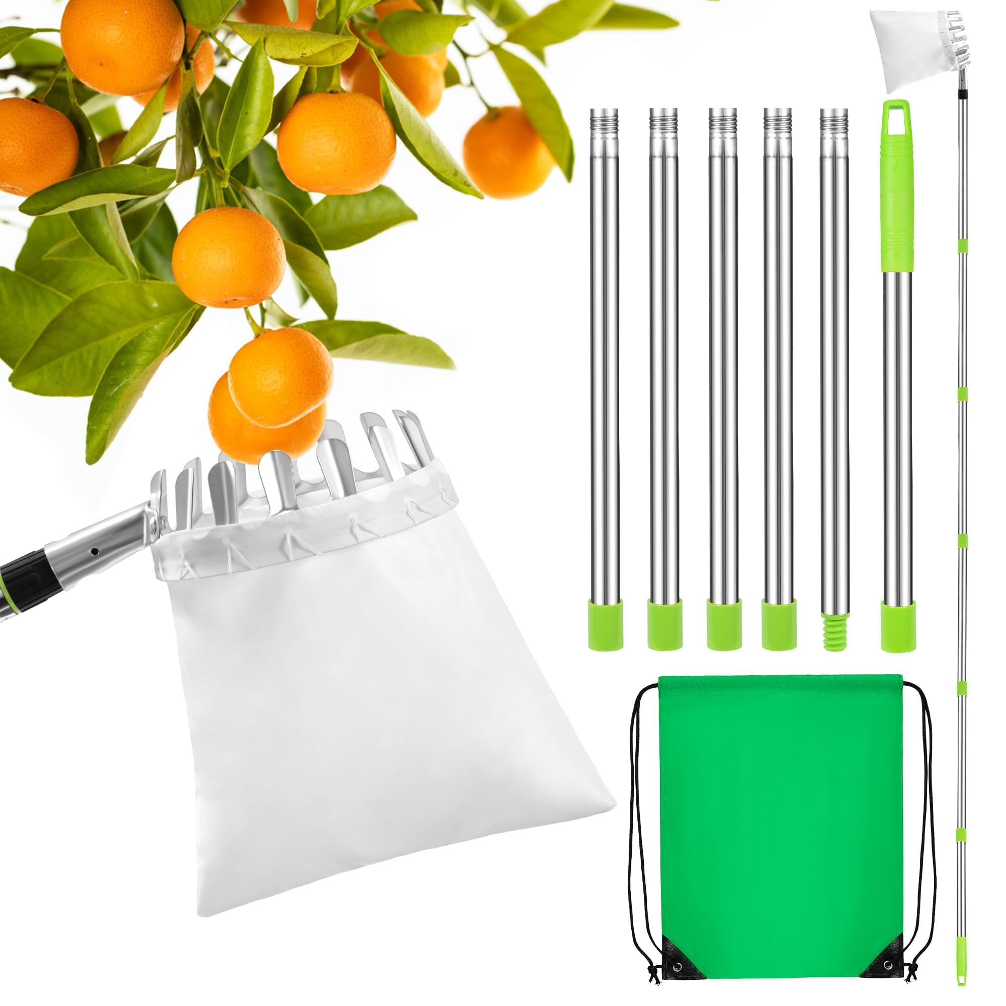 Strumento per Raccolta di Frutta,Raccoglitrice di Mele Raccogli Fichi con Leggero Regolabile Palo in Acciaio Inox Telescopico E Borsa per Limoni Mele Pere Pesche Arance Bacche 2.4m