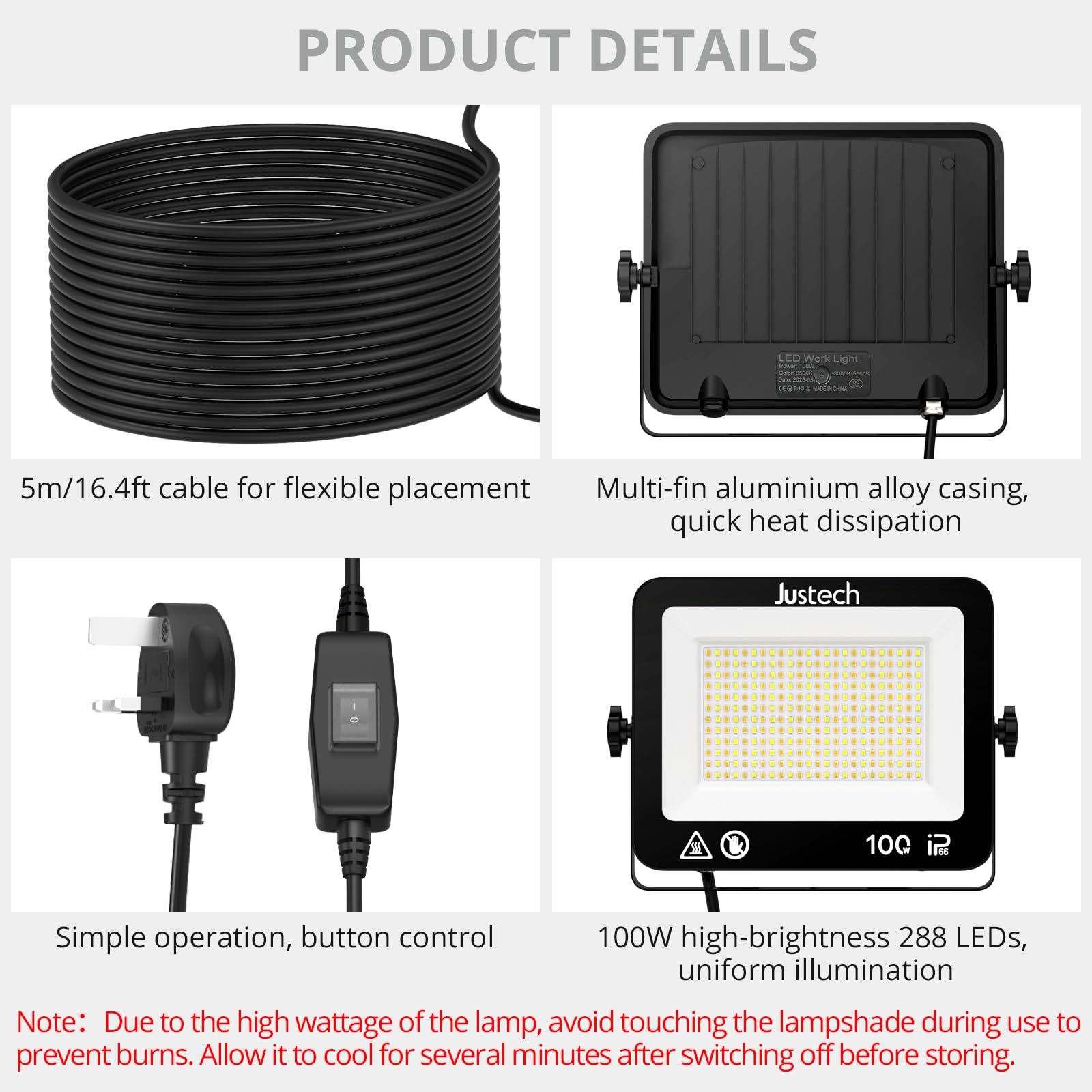 Justech Reflektor budowlany LED ze statywem, reflektor roboczy 28500 lm, 3 x 100 W, 3 temperatury barwowe (3000 K/5000 K/6500 K) IP66, lampa warsztatowa do warsztatu, garażu, na plac budowy, na