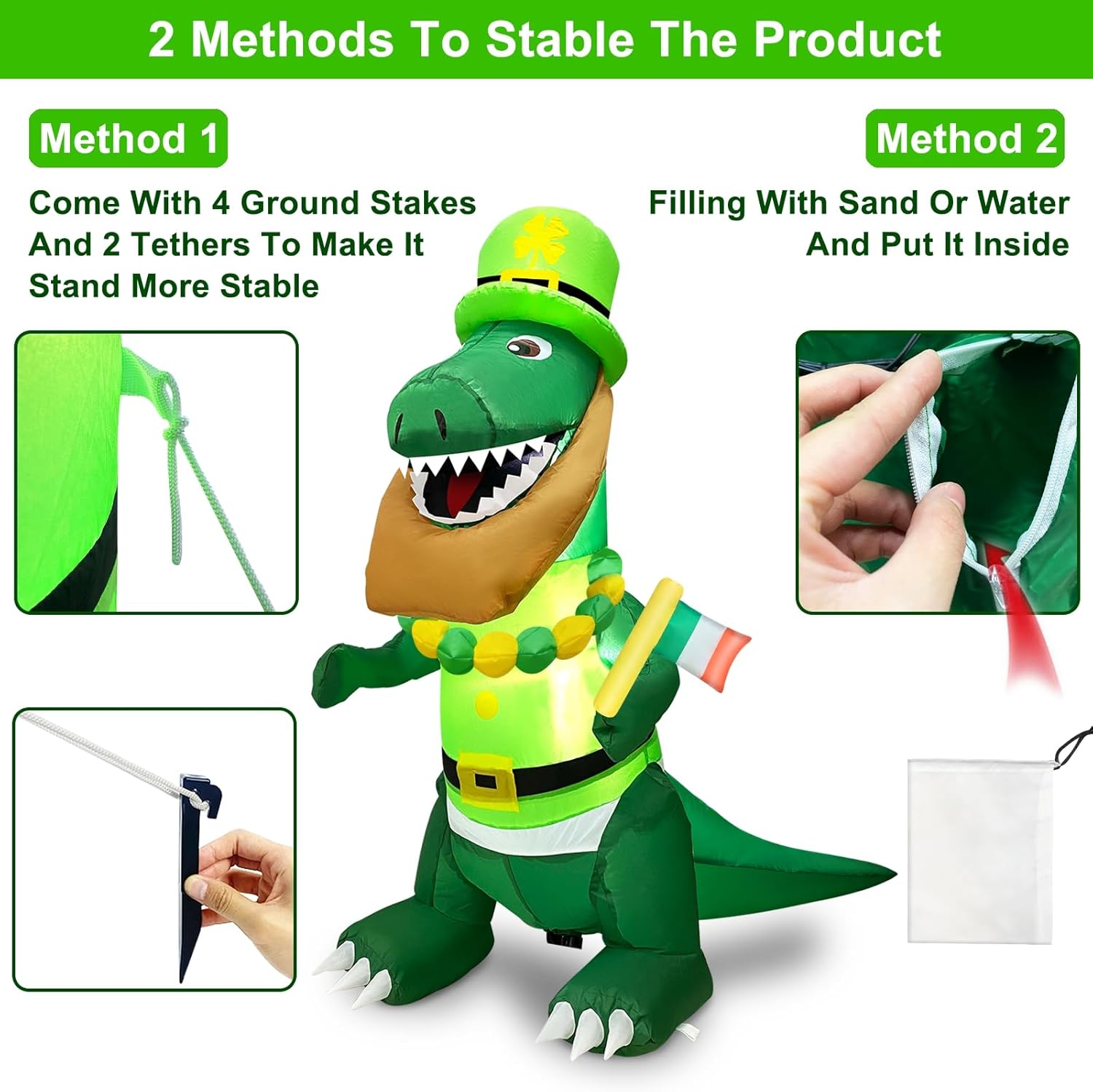 TURNMEON 4FT Dinosaur St. Patrick's Day Inflatables Decorations Outdoor Blow Up Dinosaur Hold Irish Flag Wear Necklace Shamrocks Hat LED Lights St Patricks Day Decor Indoor Home Yard Garden Lawn Party - Image 4