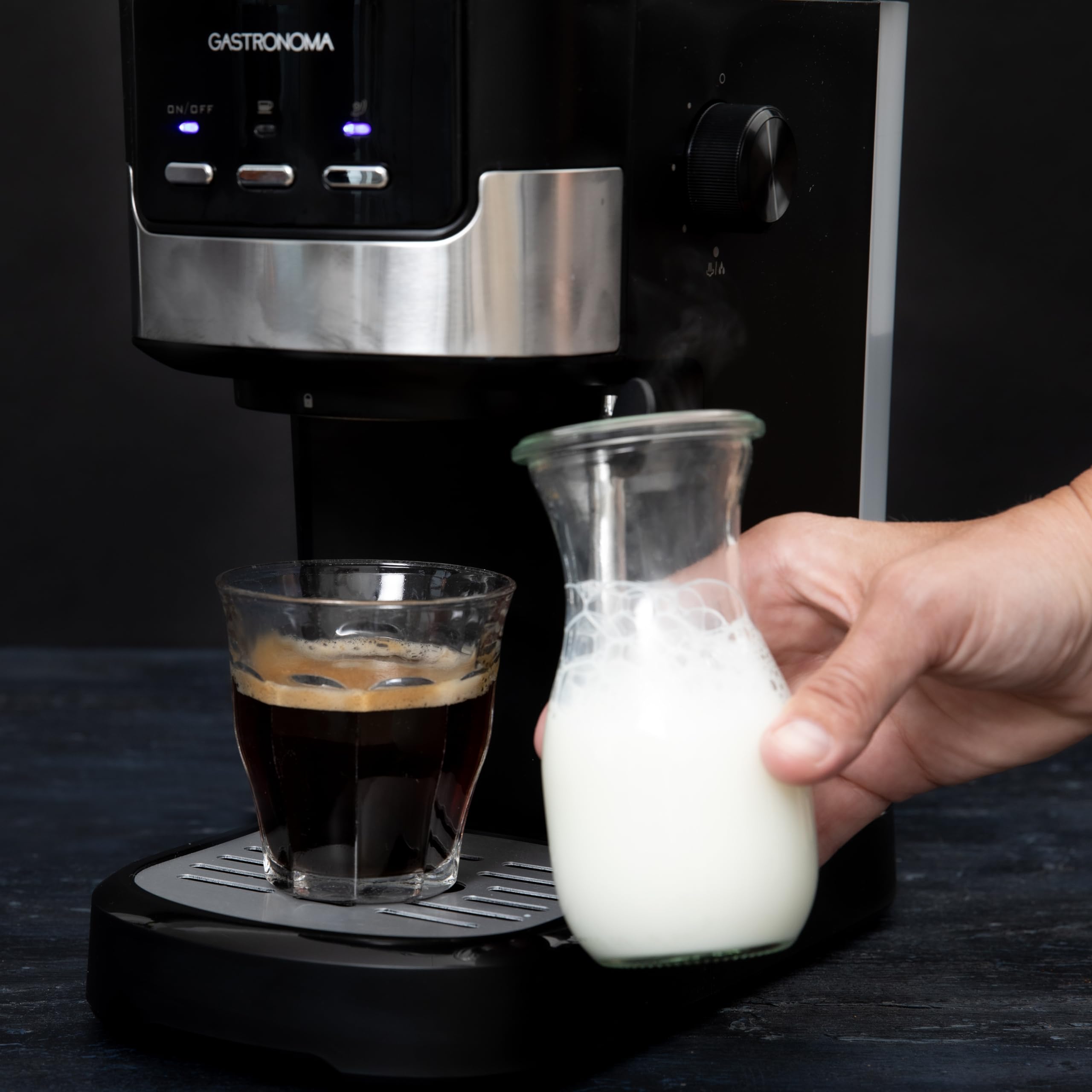 Gastronoma 18110002 - Cafetera espresso con café molido y espumador de leche - Cafetera con granos molidos - Negro