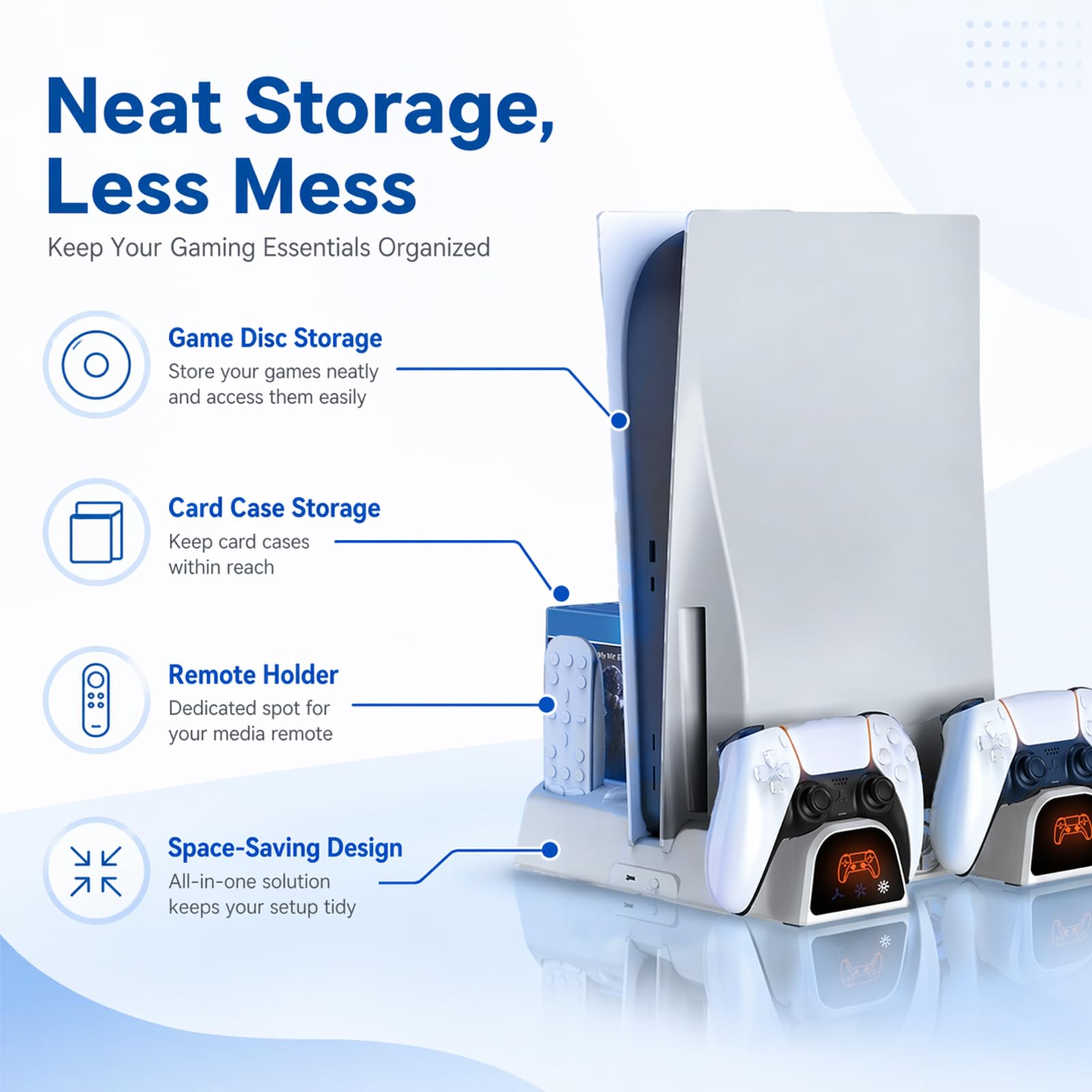Stazione di raffreddamento per PS5/Slim/Pro/Disc e digitale, supporto di raffreddamento bianco con stazione di ricarica doppio controller PS5, ventola di raffreddamento a 3 livelli, slot multifunzione