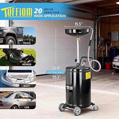 Miniatura 2 de TUFFIOM Tanque de drenaje de aceite residual de 20 galones con ruedas y asa, altura de embudo ajustable, drenaje de aceite operado por aire,