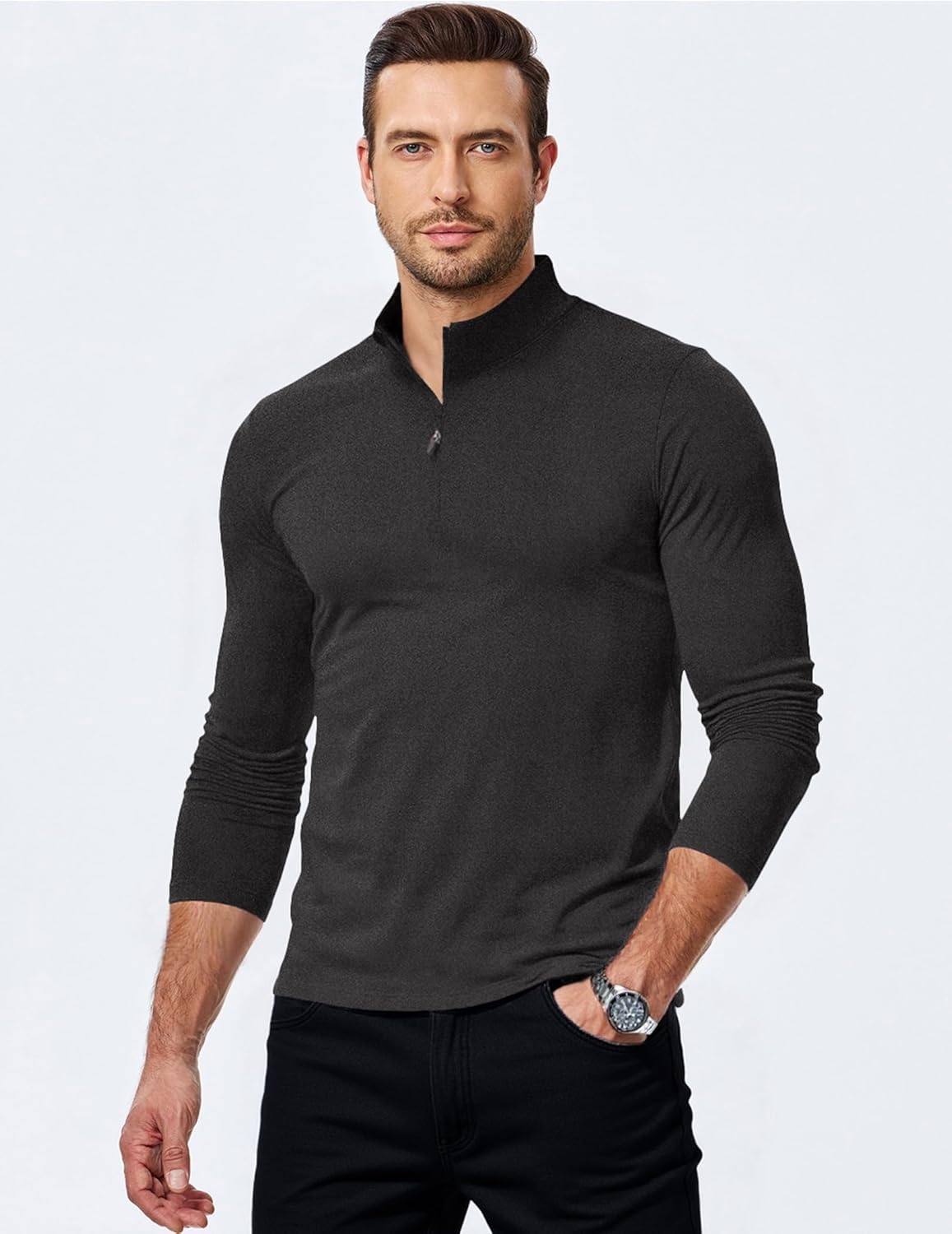 Men's Quarter Zip Pullover Fleece Lined Long Sleeve Solid Color Shirts 1/4 Half Zip Sweatshirts - Image 2