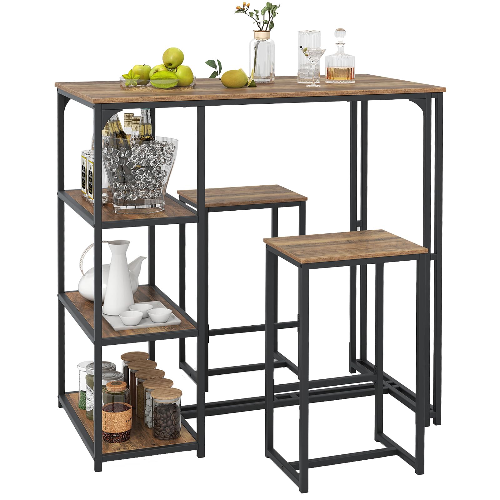 COSTWAY Juego de Mesa y Taburetes de Bar, 110x60x110 cm, Mesa Alta de Cocina con 2 Taburetes, 3 Estantes, Marco de Metal, Muebles de Bar Industrial para Cocina, Salón, Comedor, Desayuno, Marrón