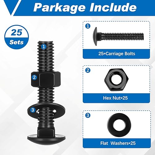 Miniatura 152 de Zonon Juego de 50 tornillos y tuercas de acero inoxidable de 1/4-20 x 3 pulgadas, cabeza redonda, cuello cuadrado, tornillos y tuercas hexagonales