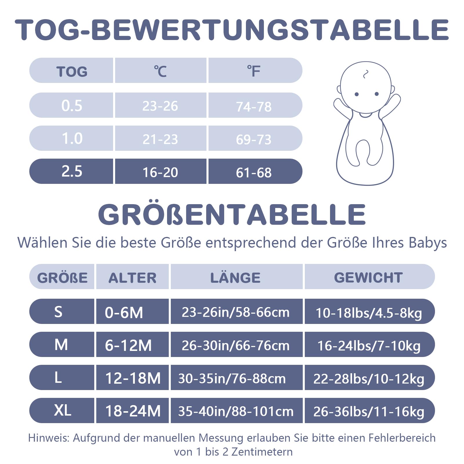 Mosebears Sacco nanna invernale per bambini, 2,5 Tog, 100% cotone, per diverse misure dalla nascita fino all'età di 24 mesi (Blue Fog, 12-18 mesi)