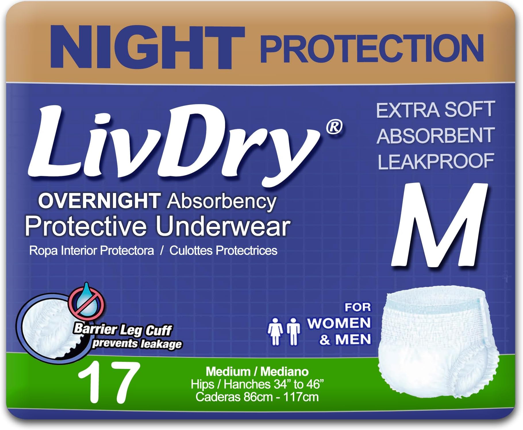 Adult M Incontinence Underwear, Overnight Comfort Absorbency, Leak Protection, Medium, 17-Pack