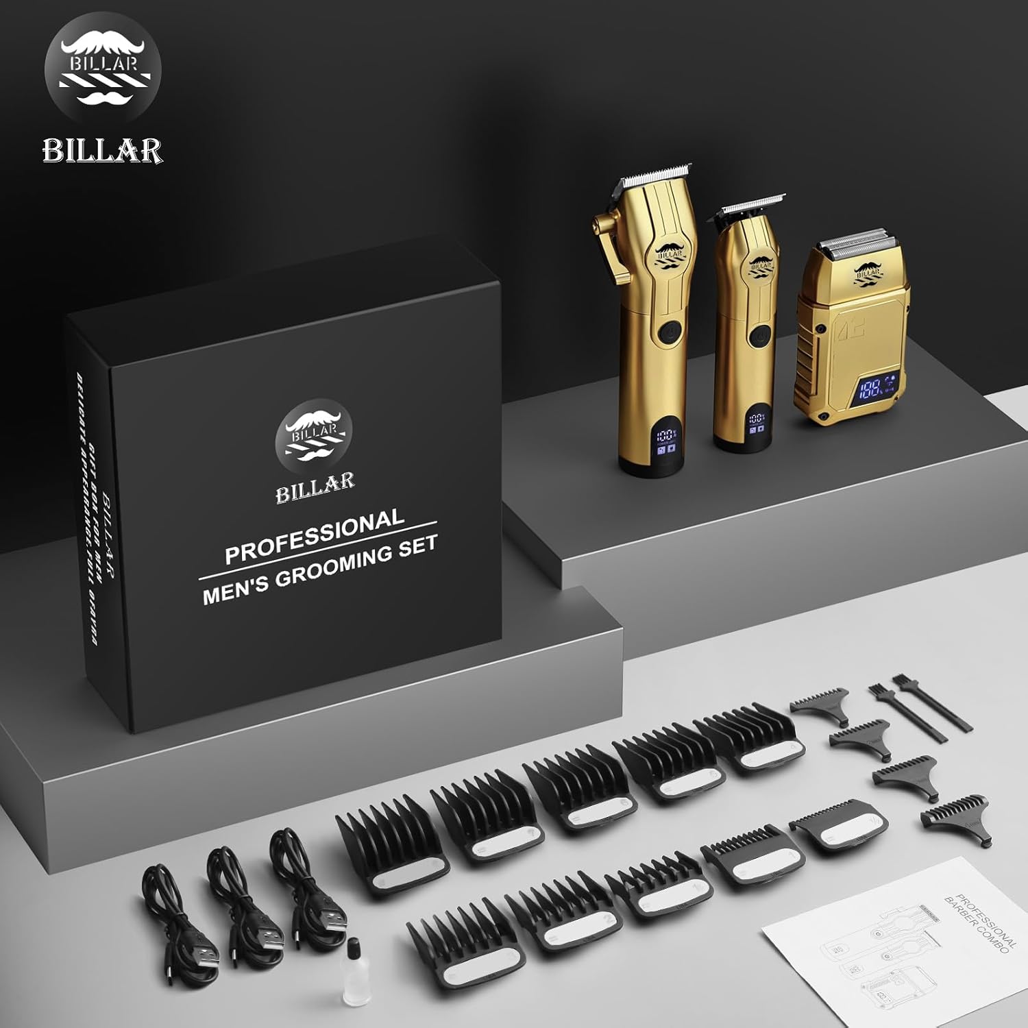 BILLAR® Professional Barber Clippers and Trimmer Set - Foil Shaver Professional Hair Clippers for Men, Mens Cordless Hair Clipper for Barbers Haircut Kit(Golden) - Image 7