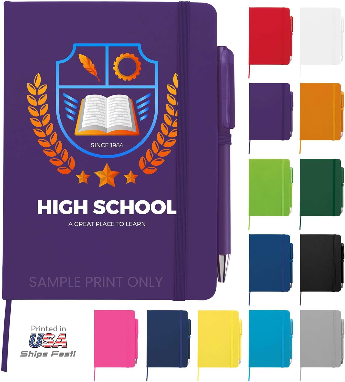 Personalized Notebook Journal – 5” x 7” – 6 Pack – Customized Notebook with Name, Text or Logo - 100 Page Custom Journal, Leatherette Hardcover & Pen - Purple