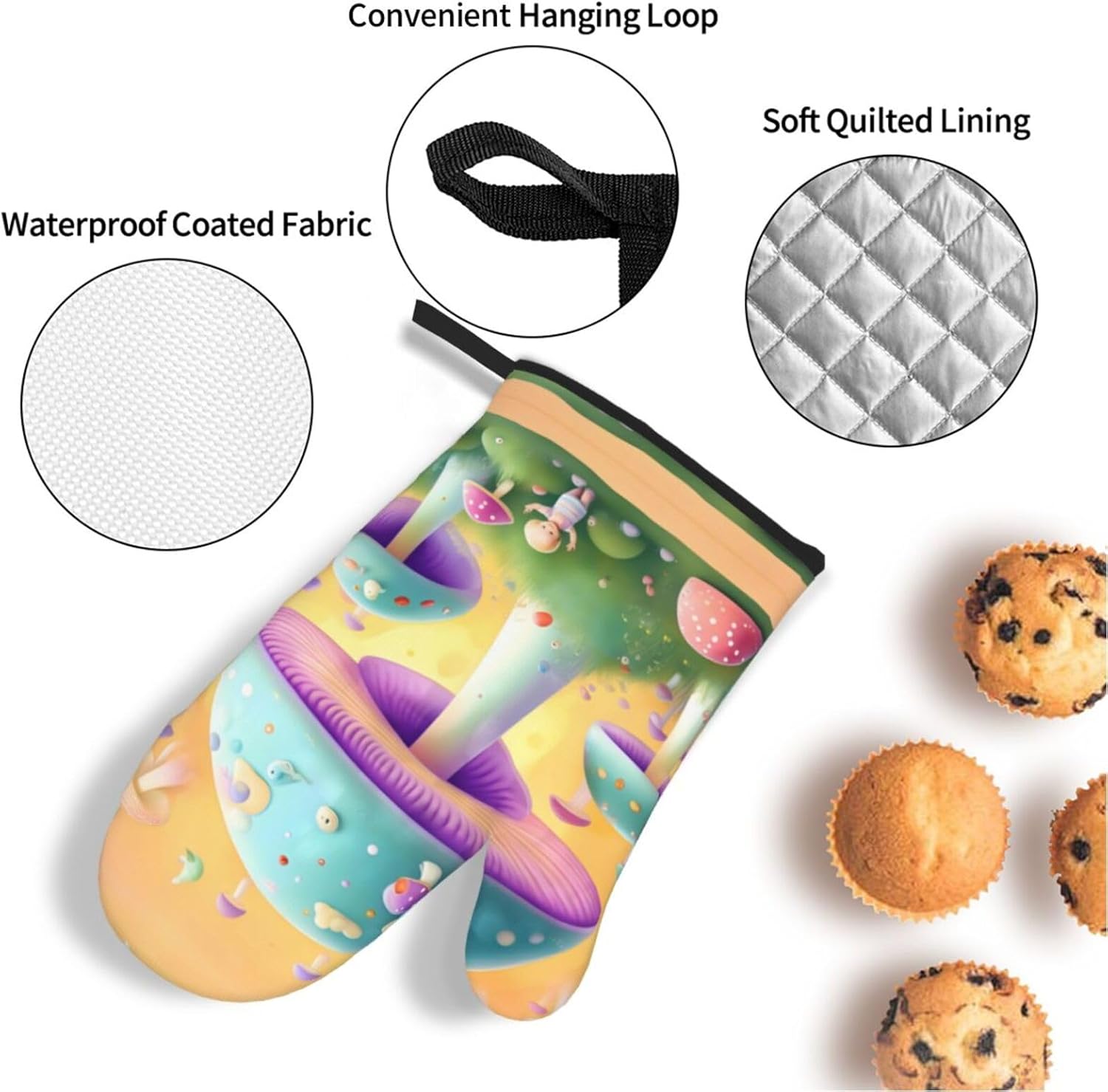 Fantasy Mushroom Oven gloves and heat-resistant mat 4-piece set. Suitable for grilling, microwave oven frying, and baking