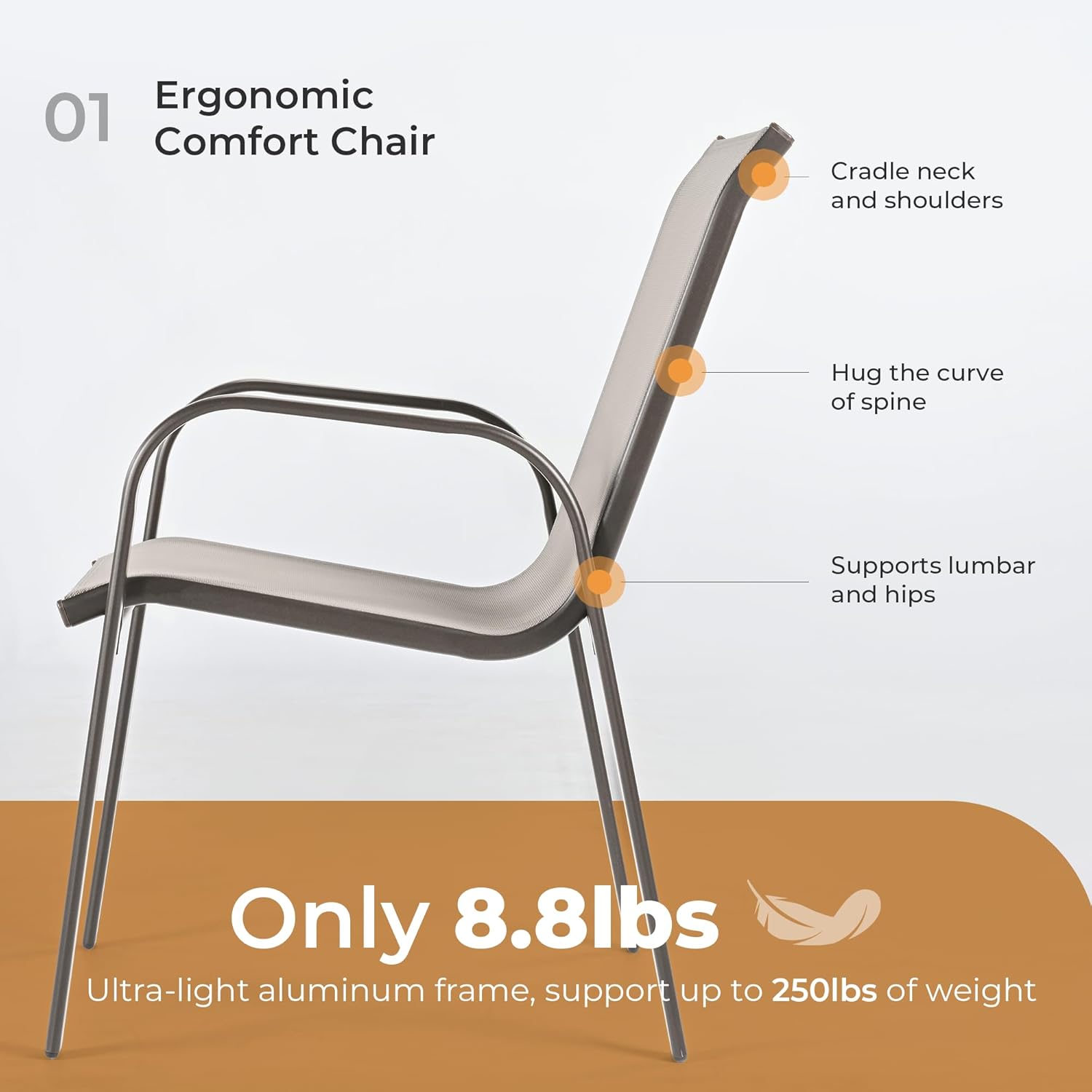 HAPPATIO Outdoor Patio Dining Set, 6 Quick Dry Textilene Dining Chairs and Dining Table with Umbrella Hole, Stackable Textilene Chairs for Garden, Patio and Poolside Backyard,Light Grey