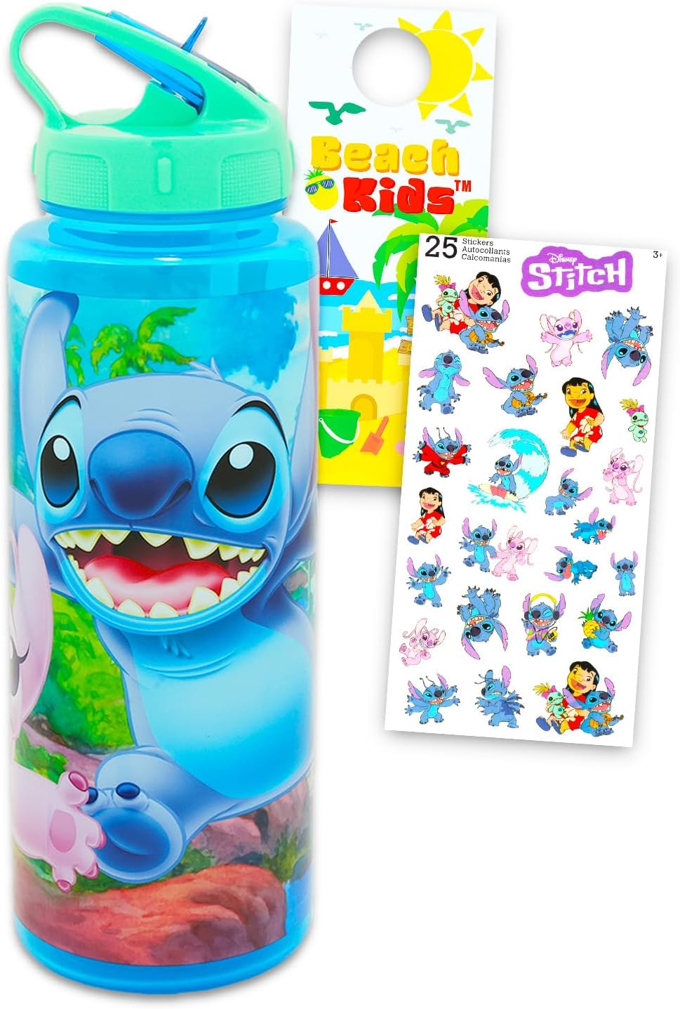 Stitch Reusable Water Bottle Set – Bundle with Plastic 30oz Water Bottle with Twist Top with Straw for Home, School, Sports, Plus Sticker, More | Lilo & Stitch Sport Container