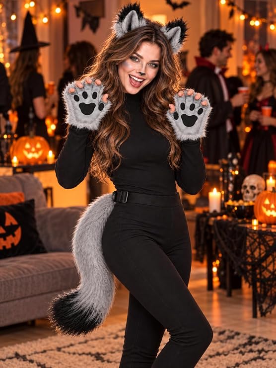 Wolf Costume Accessories Set with Ears, Tail and Paw Gloves