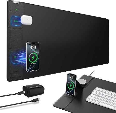 Wireless Charging Mouse Pad with Foldable Phone Holder – 31.5" x 15.8", Black