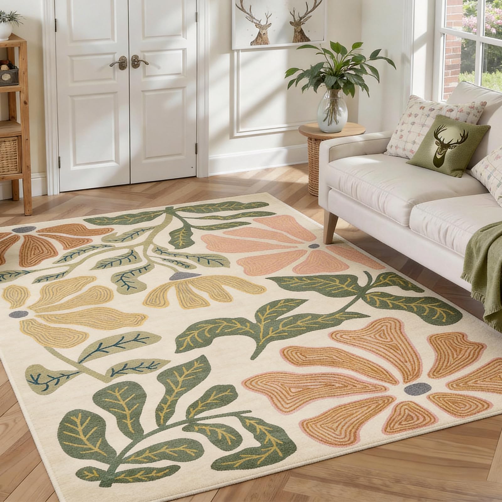 Warmstar Rugs Living Room 180x270cm,Washable Non Slip Area Rugs for Bedroom,Leaf & Floral Print Faux Wool Low Pile Vintage Botanical Carpet for Living Room Bedroom Dining Room, Cream Base — image 1