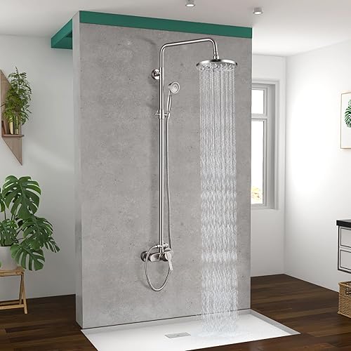 Miniatura 7 de Sistema de ducha de tubo expuesto, níquel cepillado de 8 pulgadas, cabezal de ducha de lluvia de 8 pulgadas, juego combinado de latón de una sola