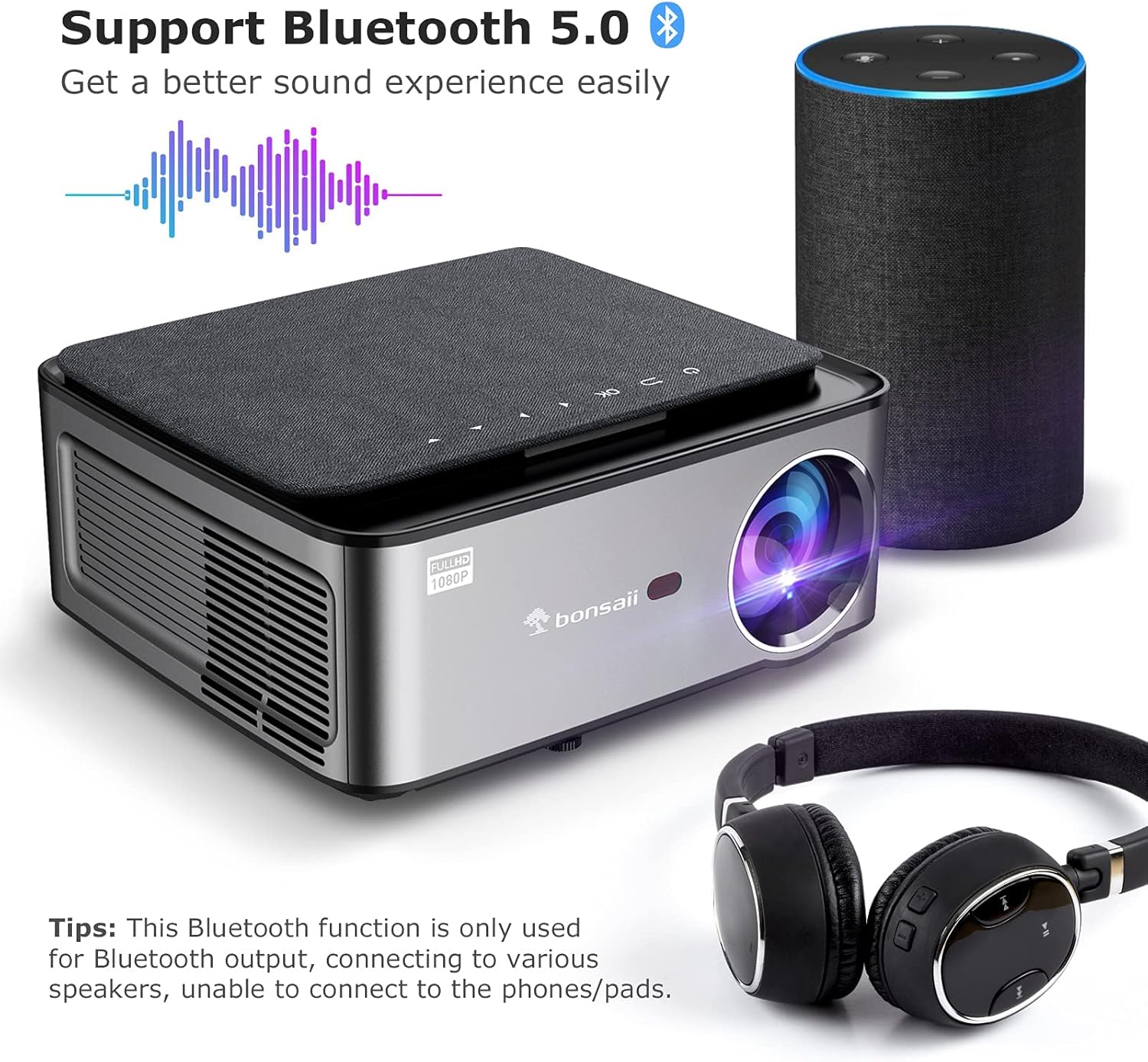 Bonsaii Projector 1080P Outdoor Movie Projector, FHD 9500L WiFi Bluetooth Projector for Indoor Home Theater, Support 4D Keystone, Zoom(Upgrade) : Electronics