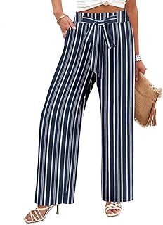 Womens Wide Leg Pants High Elastic Waist Adjustable Knot Casual Flowy Trousers Business Work Pants with Pockets