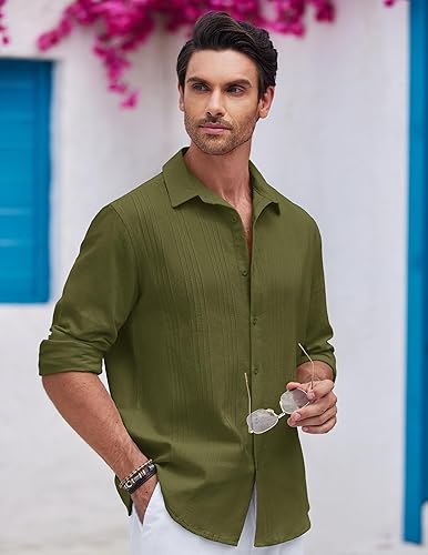 Vista 3 de COOFANDY Camisa cubana de lino guayabera con botones y manga larga para hombre
