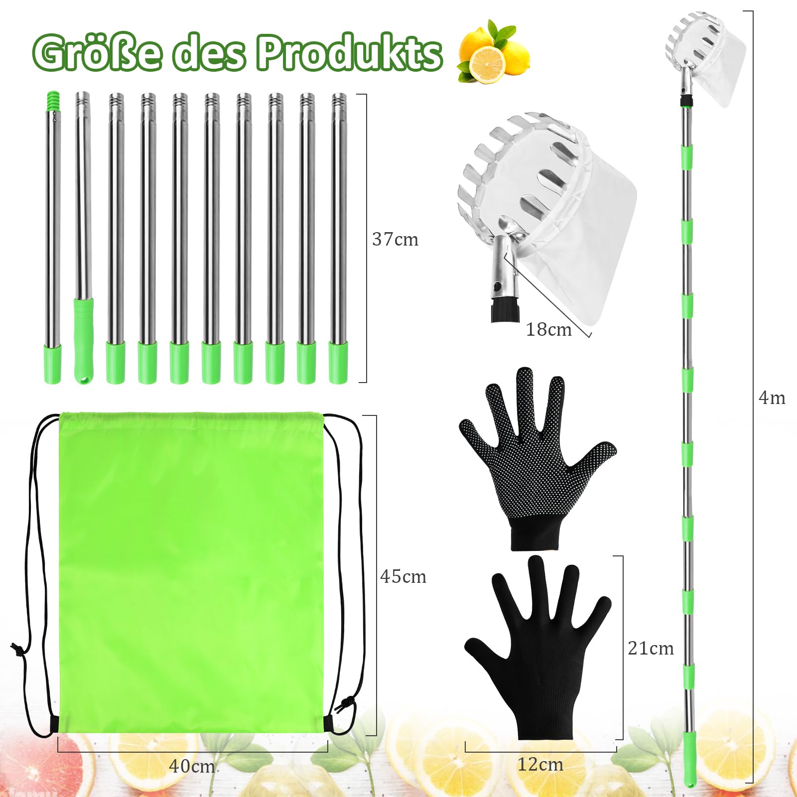 PRZRAO 4m Recogedor de Frutas con Telescópico, Recogedor de Frutas Diámetro 16 cm Recogedor de Manzanas con Pértiga Telescópica Ligera de Acero Inoxidable y Bolsa de Algodón para Manzanas Cítricos