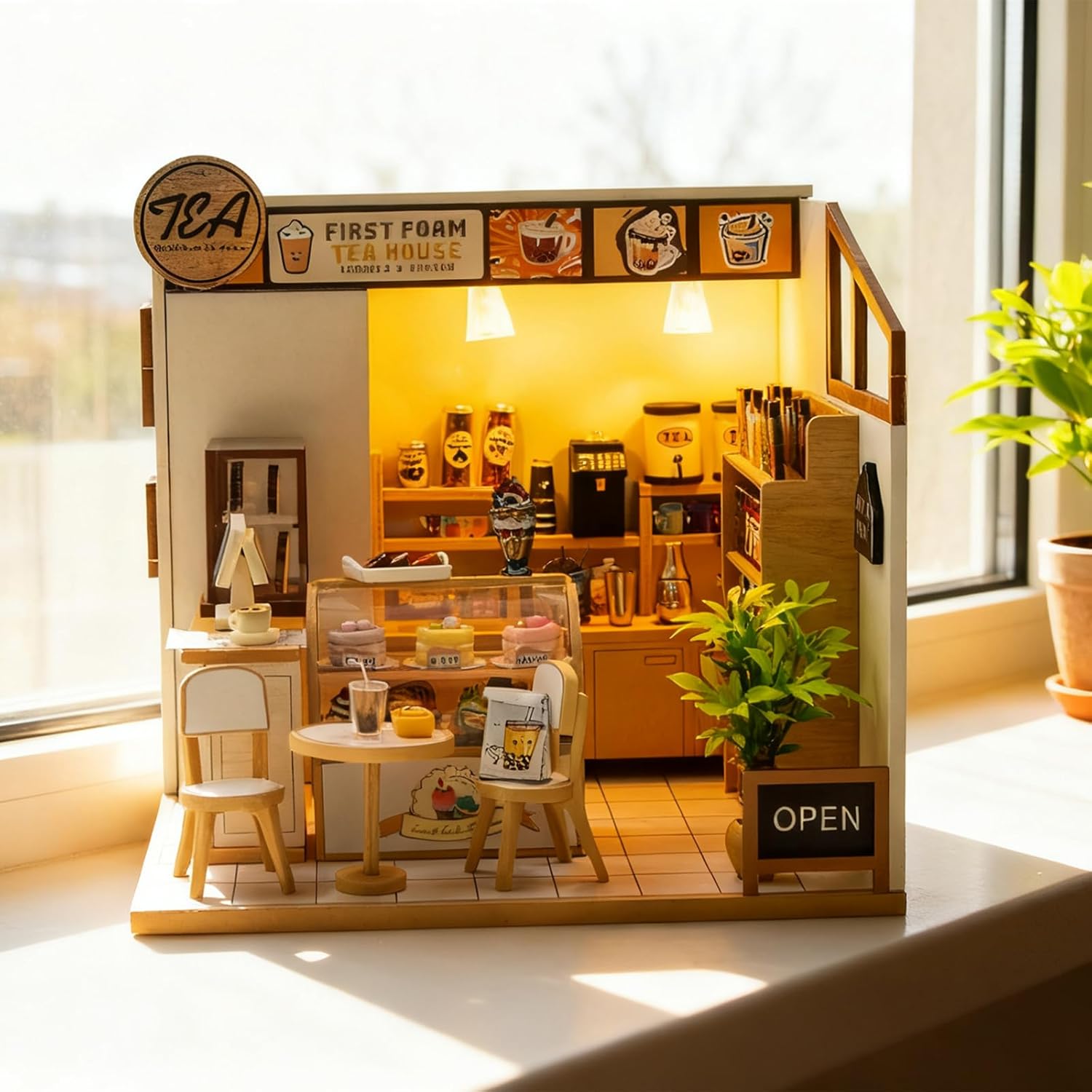 CUTEROOM Miniature House Kits for Adults with NFC, Mini Dollhouse Wooden Furniture Kit, DIY Craft Kits Creative Room Tiny House for Decoration- Tea House