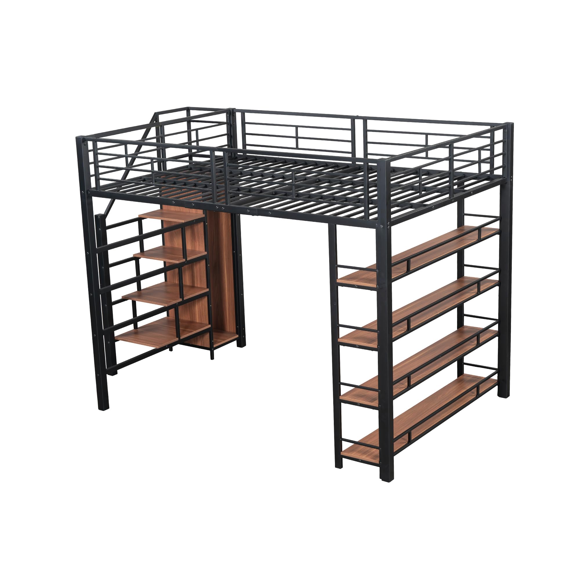 Ampio letto a soppalco 140 x 200 cm, colore nero, con scala di sicurezza, spazio di archiviazione e armadio. Letto multifunzione per ragazzi in metallo, portata fino a 120 kg
