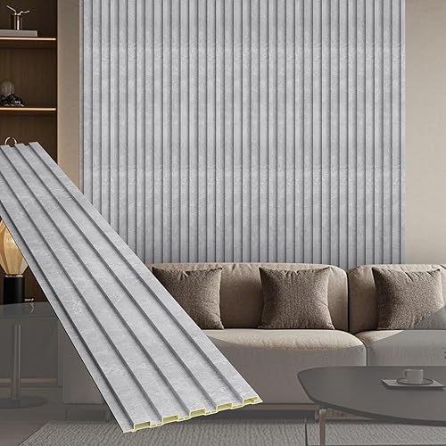 Miniatura 17 de OUZUGIE WPC Paneles de Pared de Laminilla Acústica, Paquete de 8 Paneles de Pared 3D de 114 x 6 Pulgadas para Decoración de Paredes Interiores, Sala