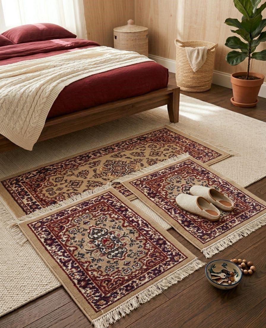 Set 3 Tappeti Forma Rettangolare Camera Letto Scendiletto Persiano Con Frange (Beige)