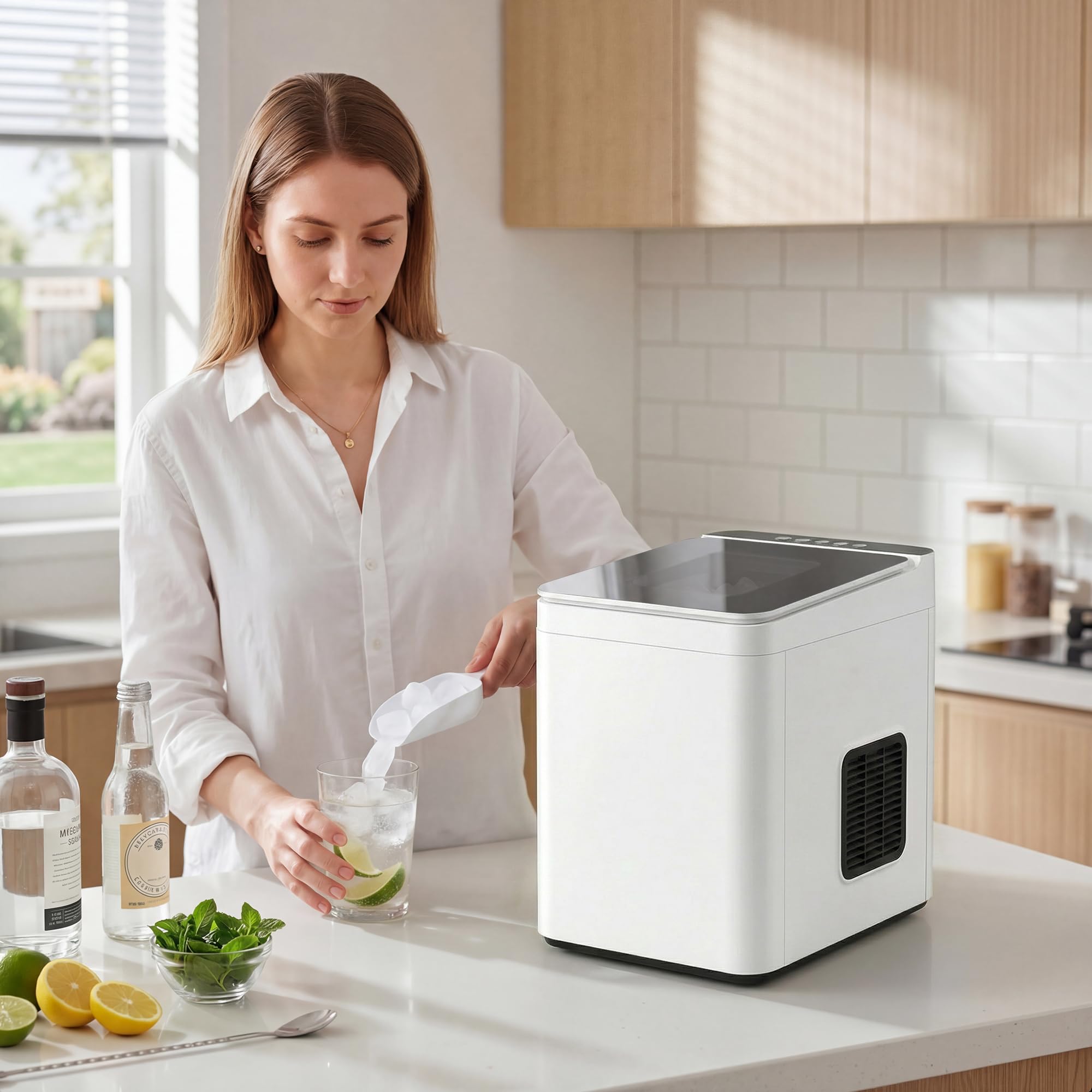 HOMCOM Eiswürfelmaschine Klein, 12 kg 24 Std., 9 Eiswürfel in 7-10 Minuten, 2 Größen von Bullet-Eiswürfeln, Ice Maker Selbstreinigend Eiswürfelbereiter mit Eisschaufel und Korb, für Küche, Büro, Party