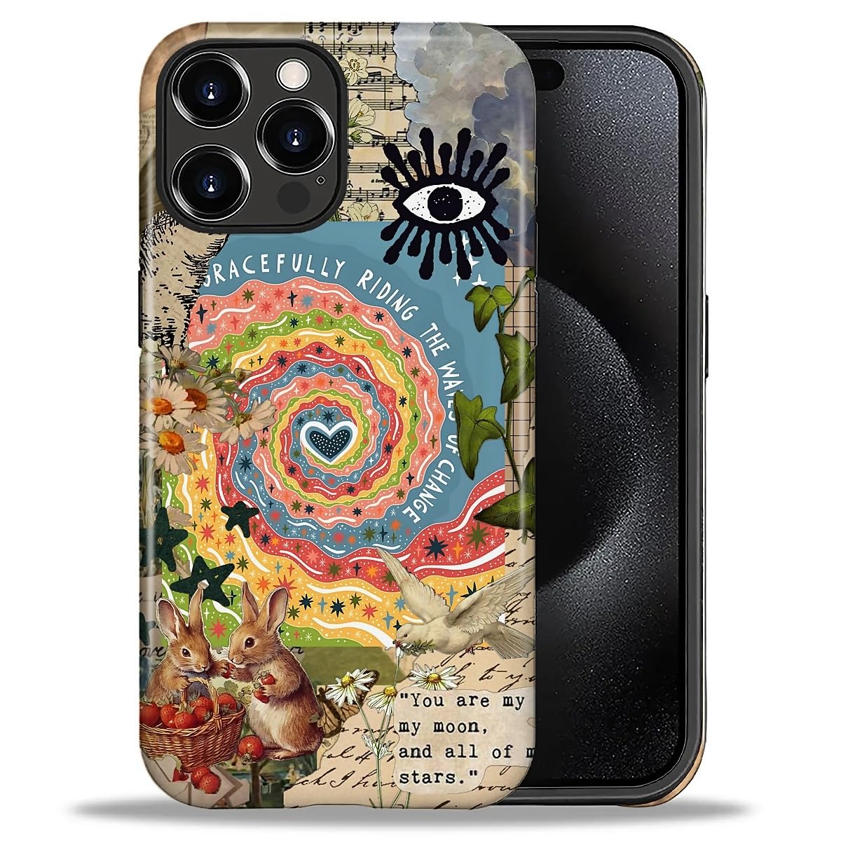 DAIZAG for iPhone 16 Pro Case,Retro Love Vortex Rabbit Collage Full-Body Design - Hybrid Dual Protection Soft TPU + Hard PC, Shockproof Stylish