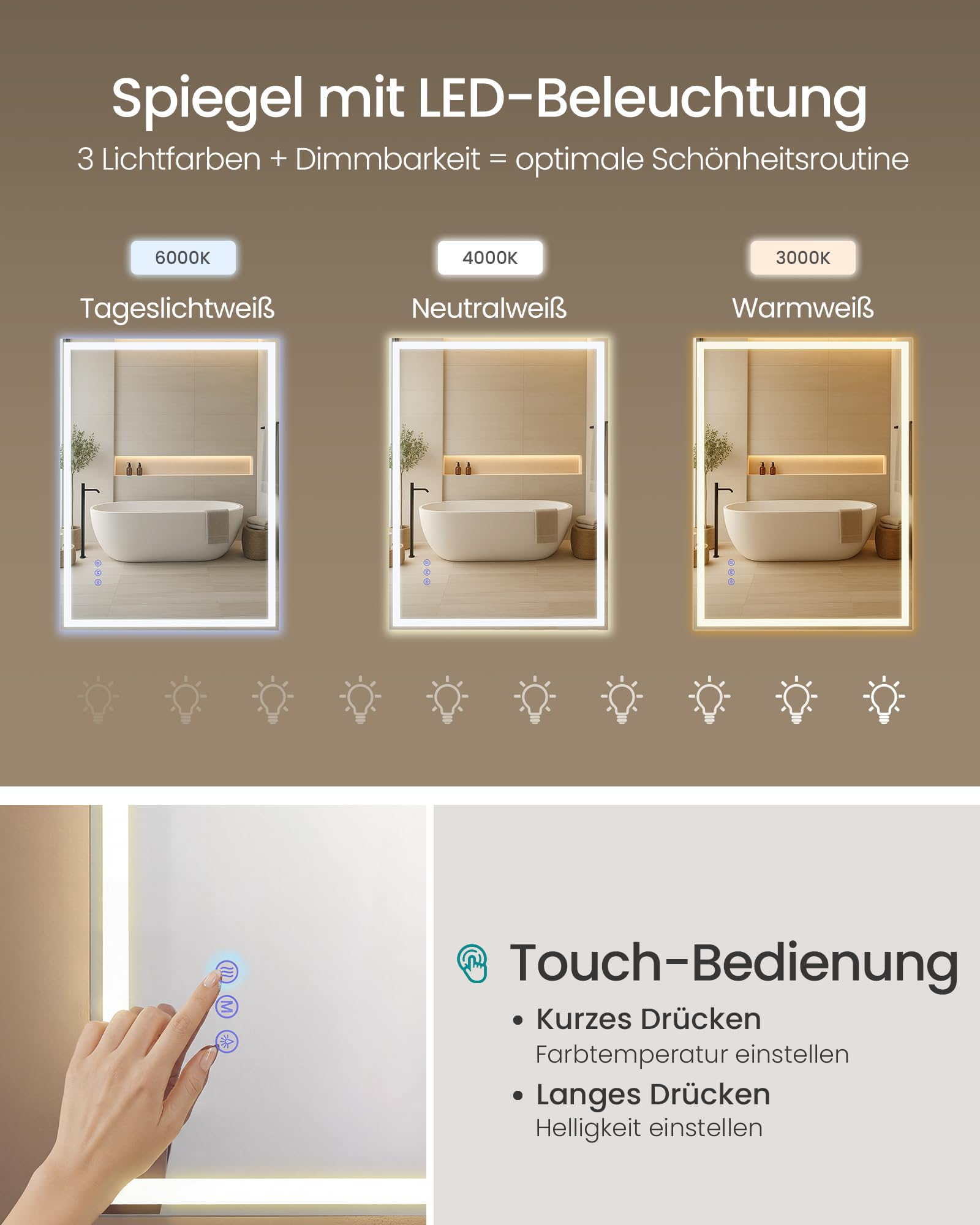 SONGMICS Badspiegel mit Beleuchtung, Spiegel rechteckig, Wandspiegel, Badezimmerspiegel Antibeschlag-Funktion, Farbtemperatur Helligkeit einstellbar, Bad, 80,7 x 60,7 cm, wolkenweiß LWM210WC02
