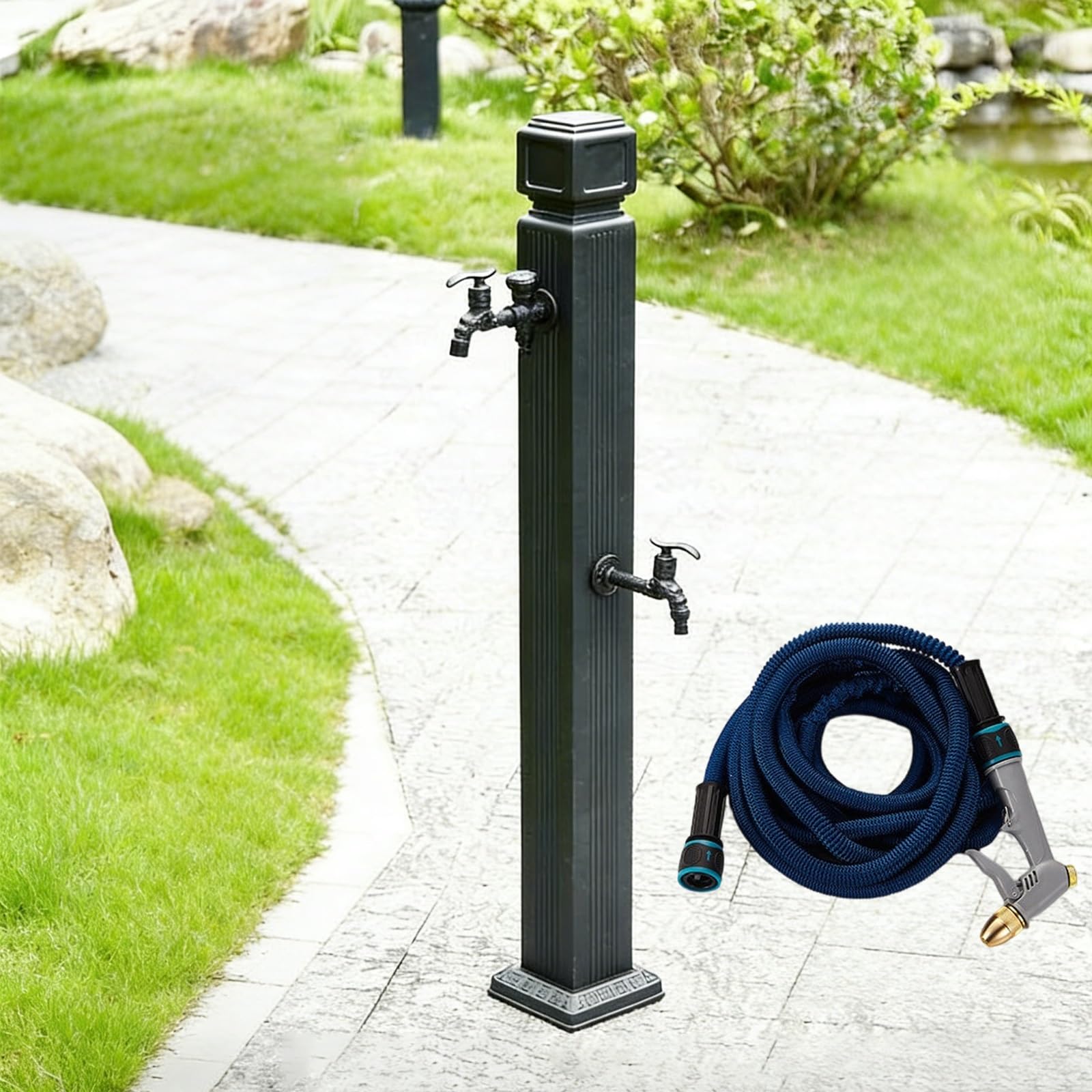 XDLEDMKIZ Garden Hydrant, Freestanding Aluminum Water Column with Copper Faucet & Spray Gun, Frostproof Outdoor Spigot for Lawn and Yard Wat
