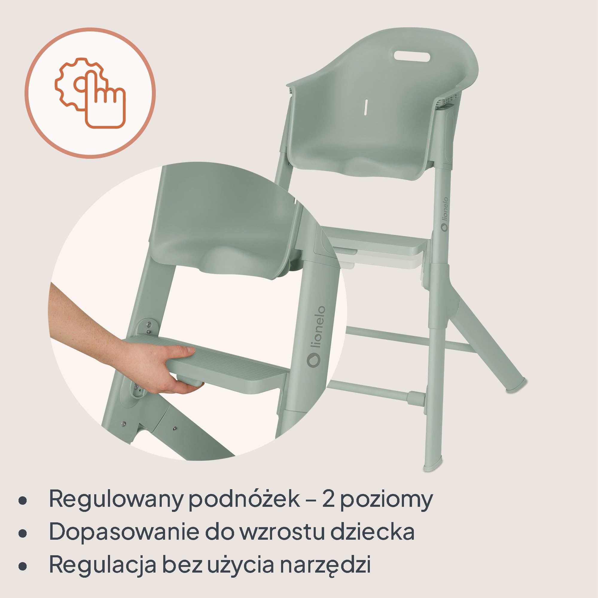 Lionelo BENY krzesełko dla dziecka 6 miesięcy - 3 lata przesuwna taca 2 pozycje, krzesełko ewolucyjne z podnóżkiem regulowanym jedną ręką, pasy 3-punktowe, łatwe do czyszczenia, zmywalna poduszka