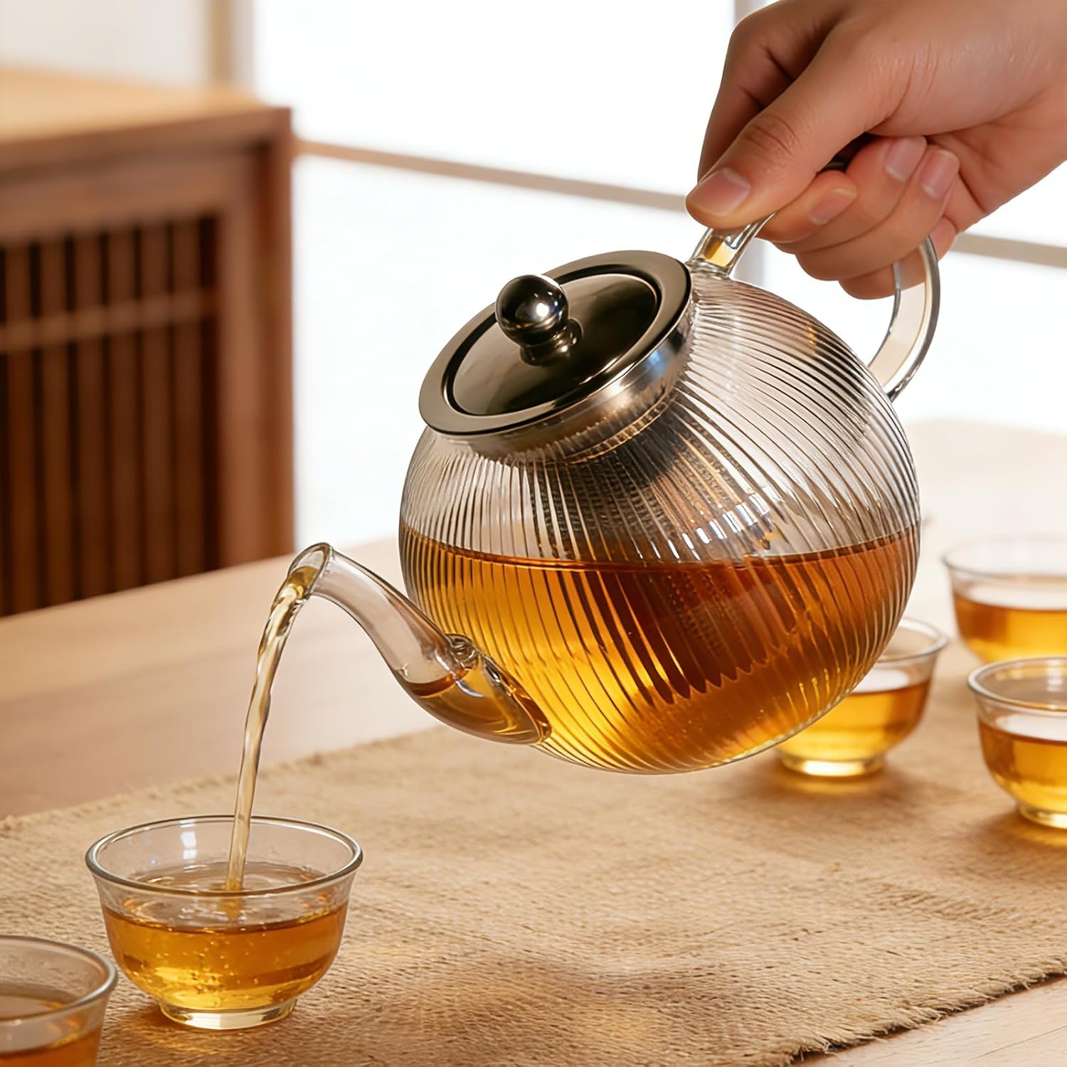 50OZ/1500ml Ribbed Borosilicate Glass Teapot with Removable Stainless Steel Infuser & Lid, Stovetop Safe Vertical Striped Clear Tea Kettle for Loose Leaf & Blooming Tea