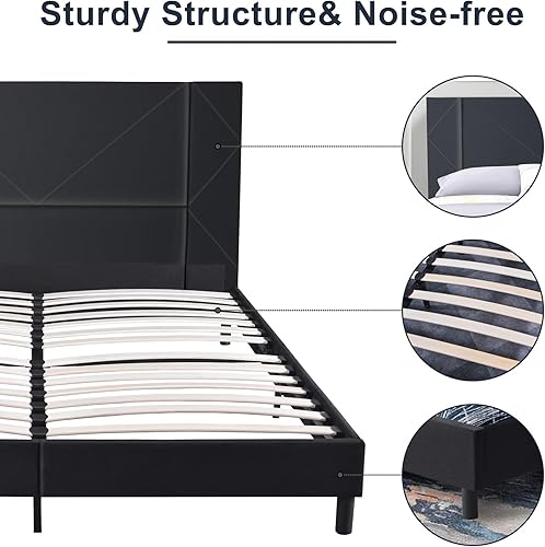 Miniatura 2 de Anwickmak Base de cama individual con cabecera de plataforma de cama marco de cama resistente de tablón sin necesidad de caja de resorte sin ruido y