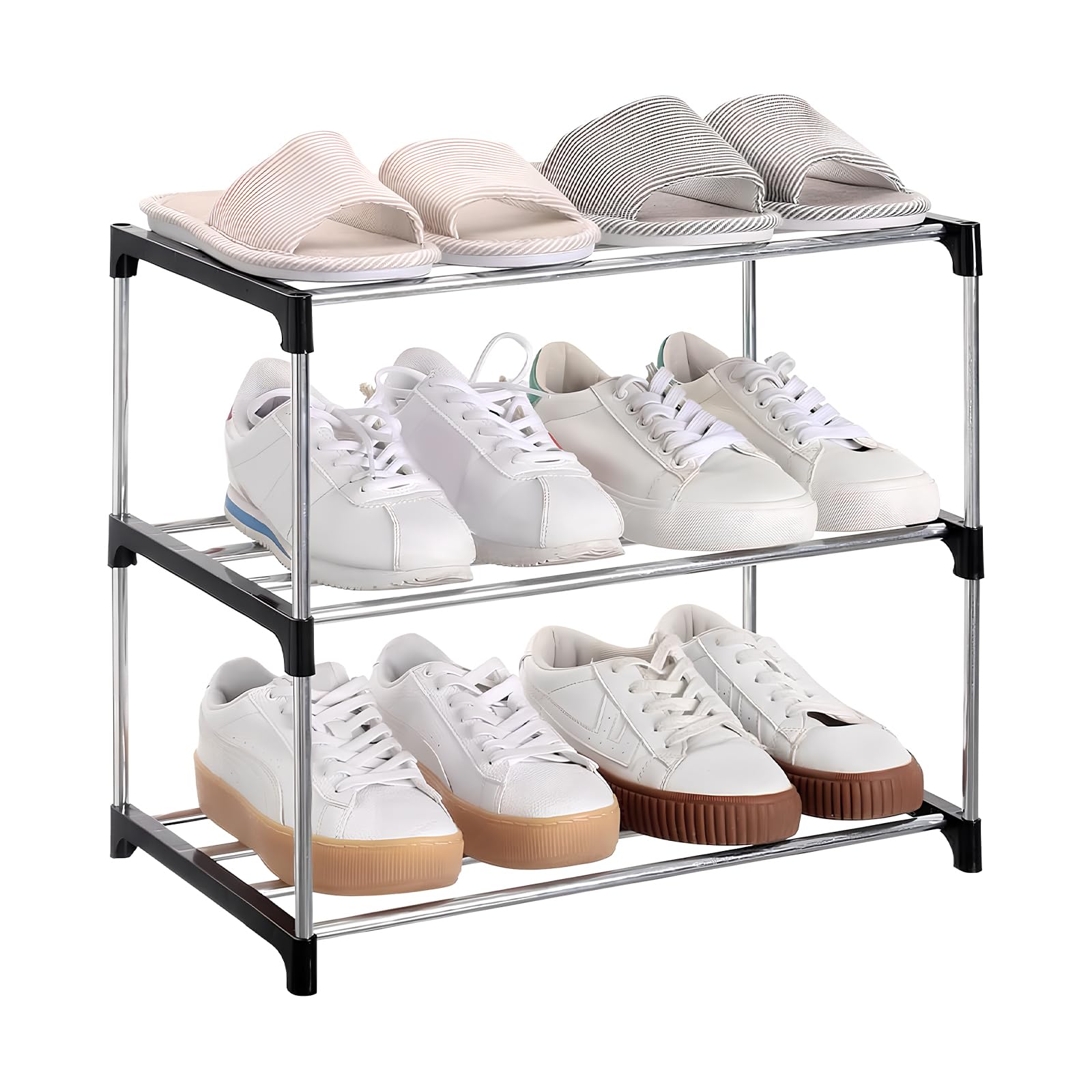Scarpiera Metallica 3 Livelli Per Bambini - Impilabile, Stretta E Robustra, 43,9x28,4x37,6 Cm, Per Ingresso E Armadio, Nero