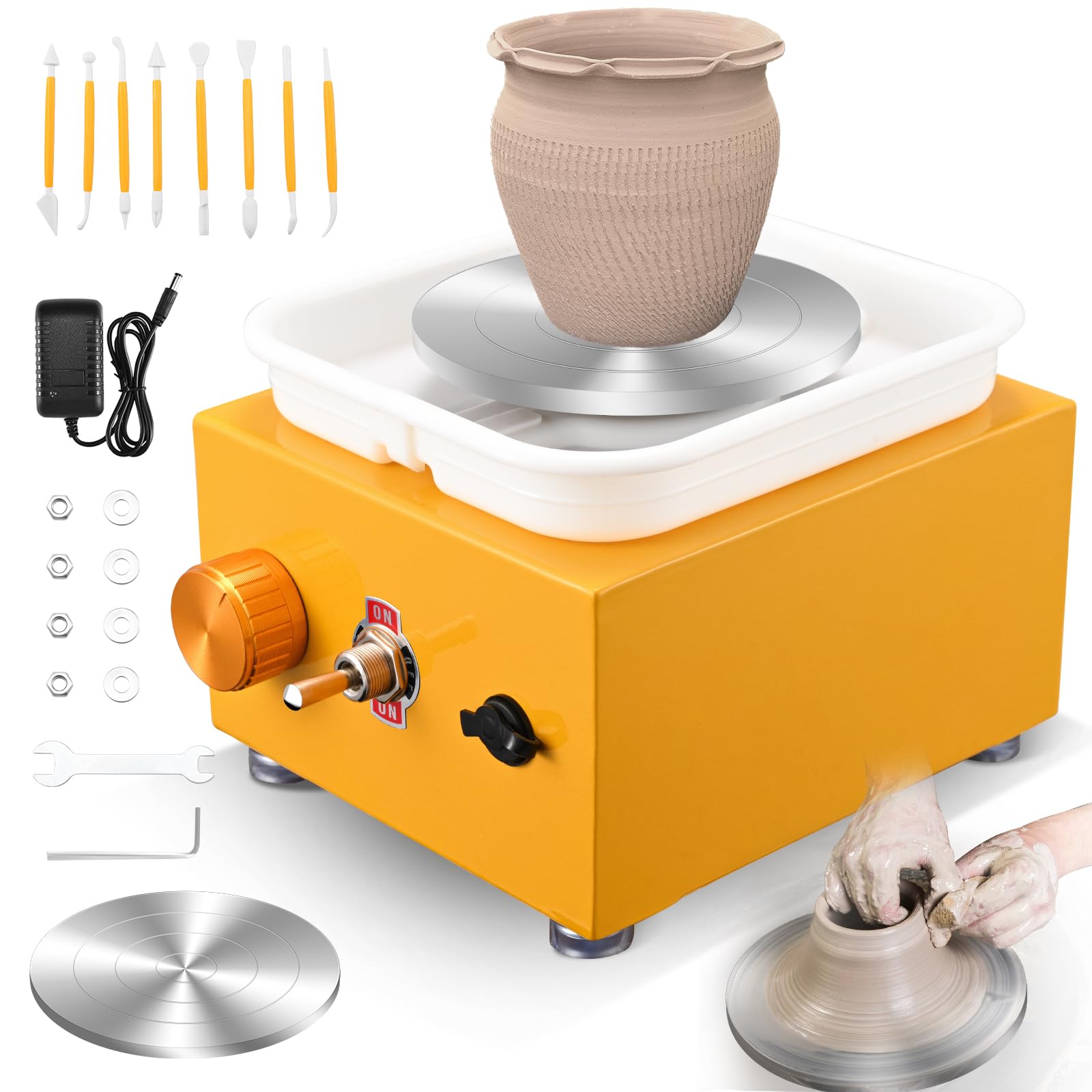 Pottery Wheel, Helangel Mini Pottery Wheel with Strong Motor 2000RPM Adjustable Speed, Potters Wheel with 10/6.5cm Plates and Sculpting Tools, Ceramic Pottery Tools Pottery Kit for Kids and Adults