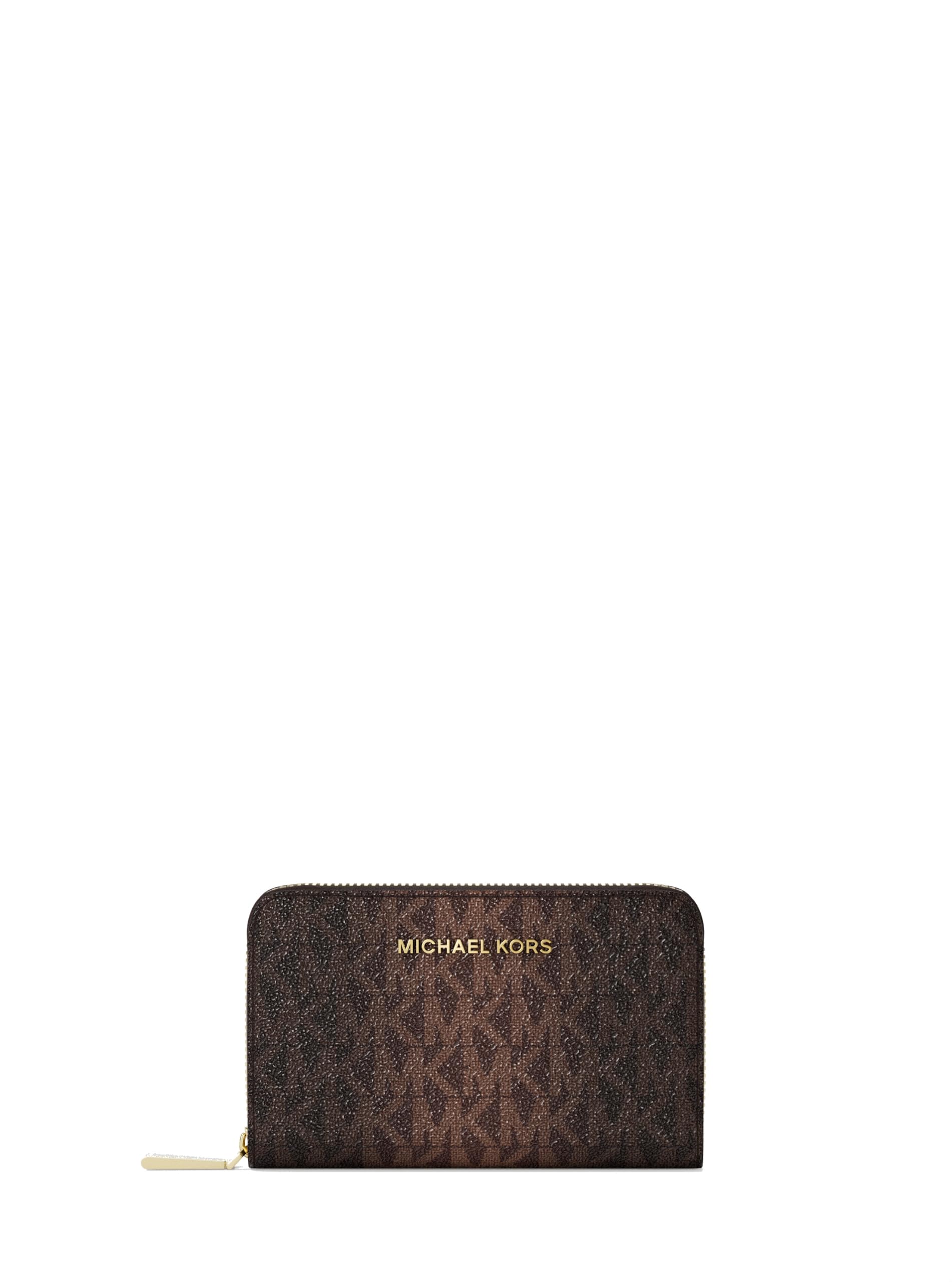 Michael Kors Women's Jet Set Small Zip Around Card Case, Gold-Tone Hardware/MK Signature Semi Lux/Chocolate