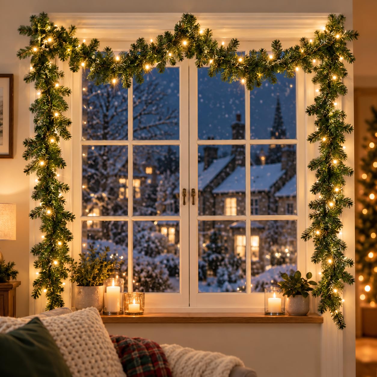 16.4FT/5M Christmas Garland Decoration with 100 Warm White LED Lights, Artificial Pine Green Garland for Fireplace Mantle Stairs Front Door Indoor Outdoor Christmas Holiday Decor