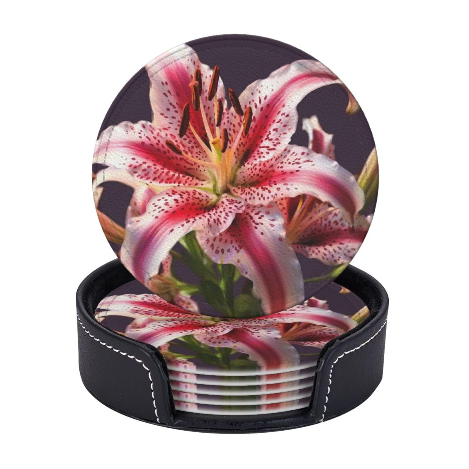 Coasters Set of 6 Leather Drink Coasters with Holder Lily flower Coasters for Drinks Heat Resistant Coaster Round Coffee Cup Mat Pad for Kitchen Office Home Decor