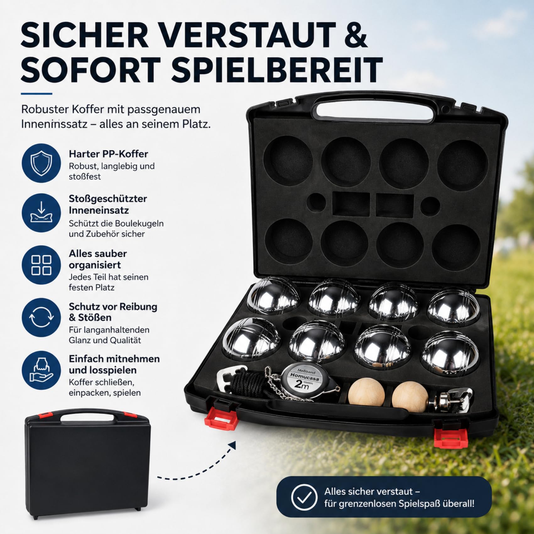 Boule Set mit 8 Metall Kugeln, Boccia/Petanque Outdoor Spiel mit Aufbewahrungsbox, Gartenspiel für Erwachsene, Papa & Familie, Ideal für Camping & Strand