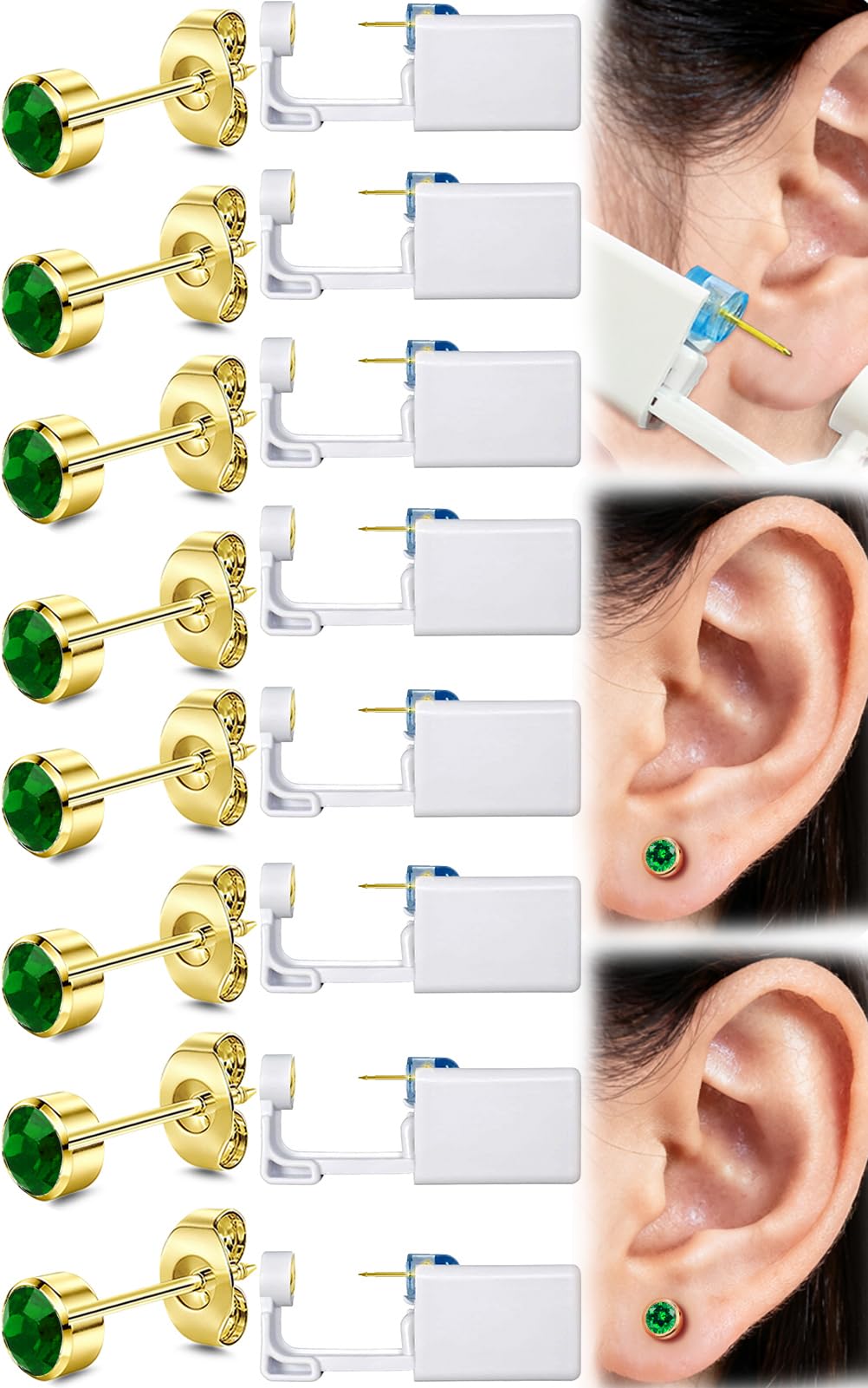 Get the Perfect Ear Piercing with 24 Pcs Premium Ear Piercing Kit - Includes 8 Green CZ Stones Earrings and 8 Easy-to-Use Self Ear Piercing Gun - Safe and Painless