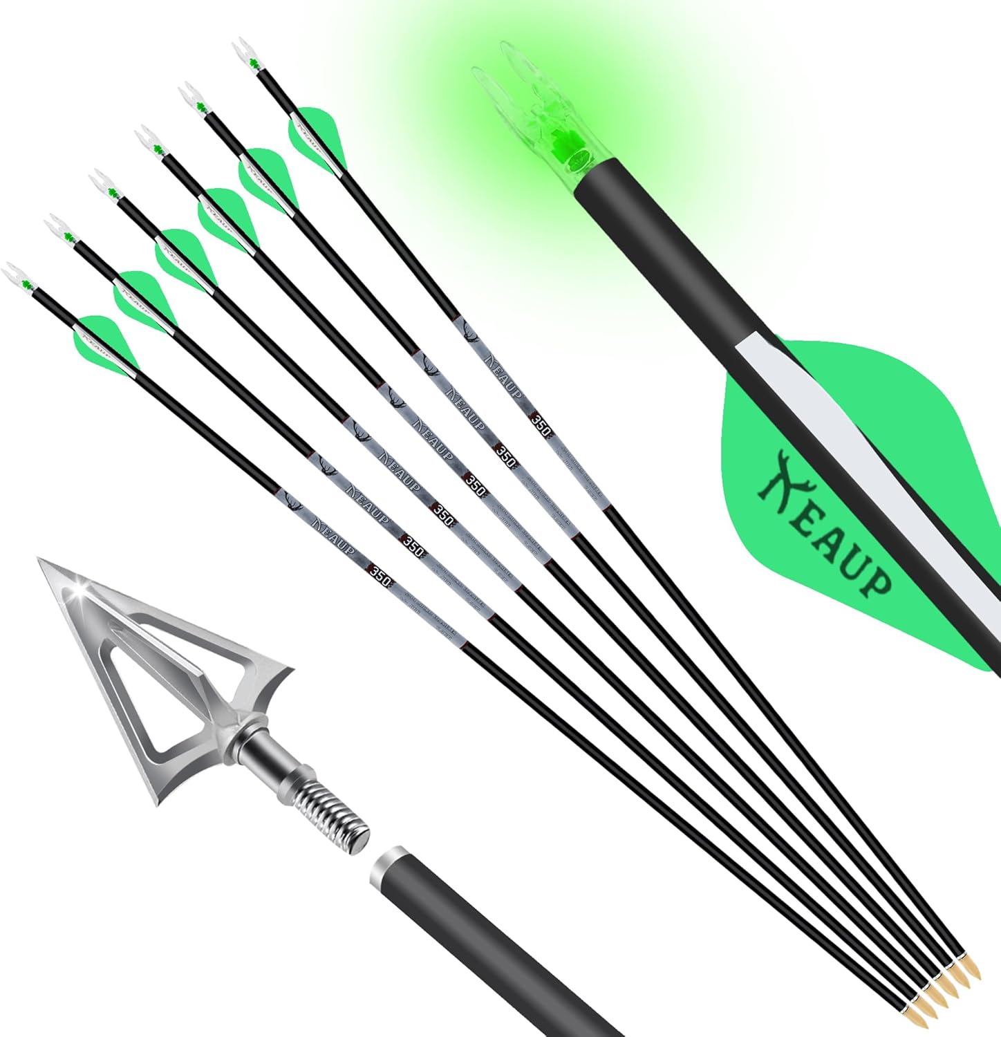31 inch Carbon Hunting Arrows with 100 Grain Broadheads and .244/6.2mm Lighted Nocks Set, 6-Pack Hunting Compound Bow and Recurve Bow Shaft Spine 300/350/400/500