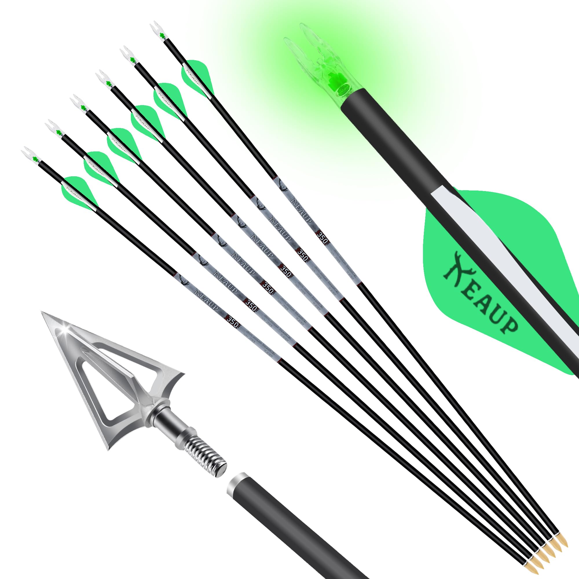 31 inch Carbon Hunting Arrows with 100 Grain Broadheads and .244/6.2mm Lighted Nocks Set, 6-Pack Hunting Compound Bow and Recurve Bow Shaft Spine 300/350/400/500
