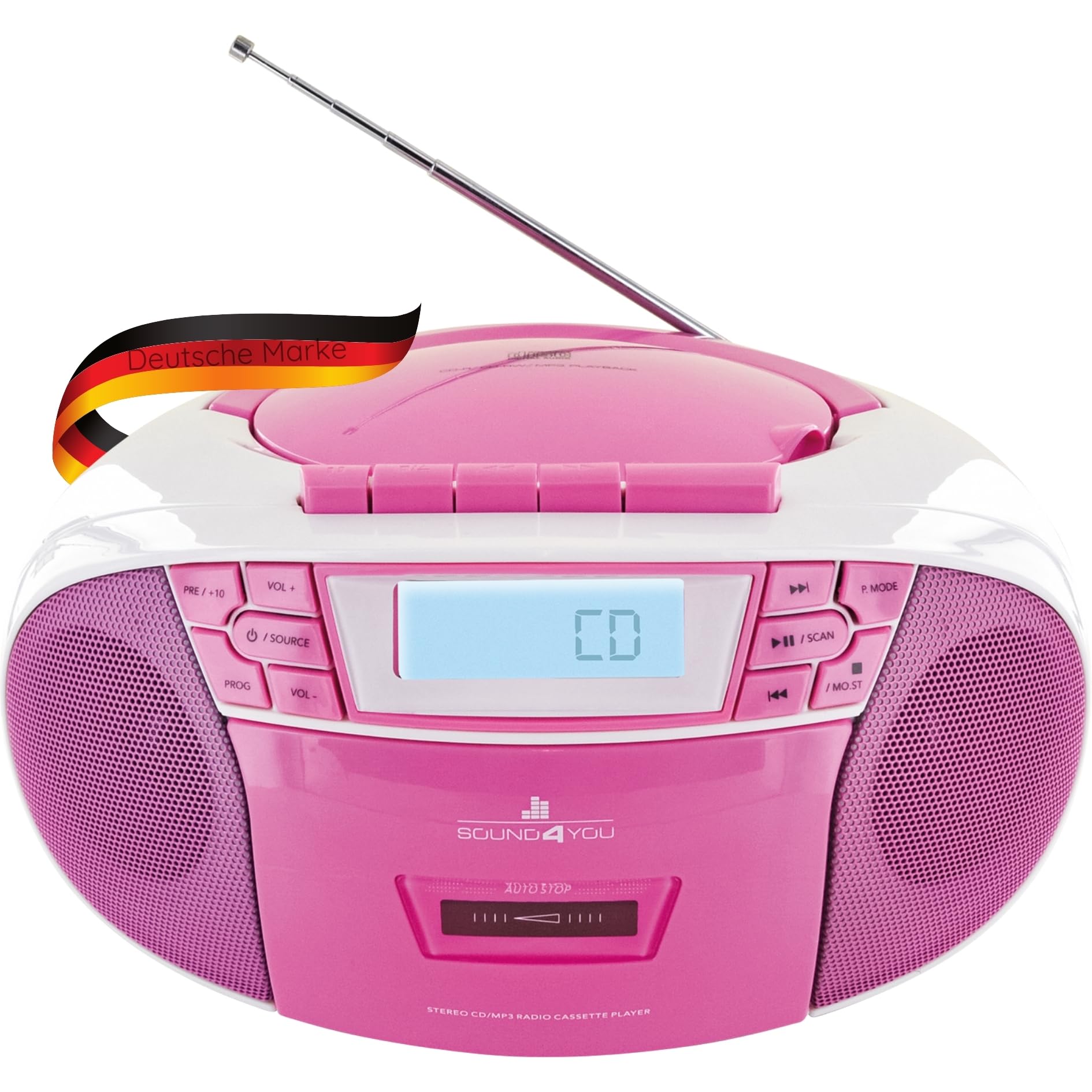SCHWAIGER 661668- Tragbarer CD-Player mit Kassette und Radio MP3 USB Anschluss UKW FM Radio AUX Kopfhörer Boombox Stereo für zuhause und unterwegs Netz- und Batteriebetrieb Display
