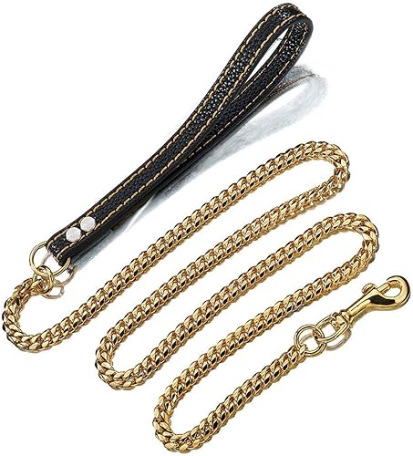 Miniatura 5 de Strong Dog Chain Gold Leash Long 3FT 4FT 5FT 18K Stainless Steel 12mm Curb Cuban Link Dog Leash with Comfortable Genuine Leather Handle(Gold, 3FT)