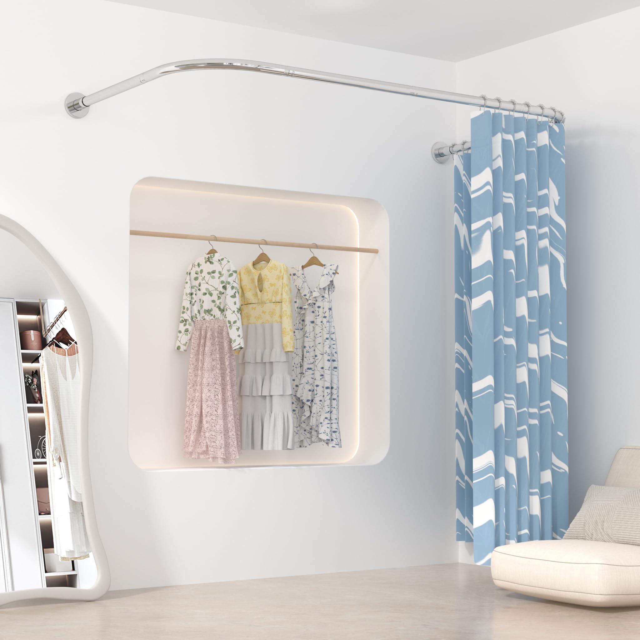 Drążek do zasłony prysznicowej w kształcie litery U 75 x 190 x 75 cm, perforowany drążek do zasłony prysznicowej ze stali nierdzewnej, odpowiedni do łazienek i wanien, nie wymaga montażu sufitowego 12